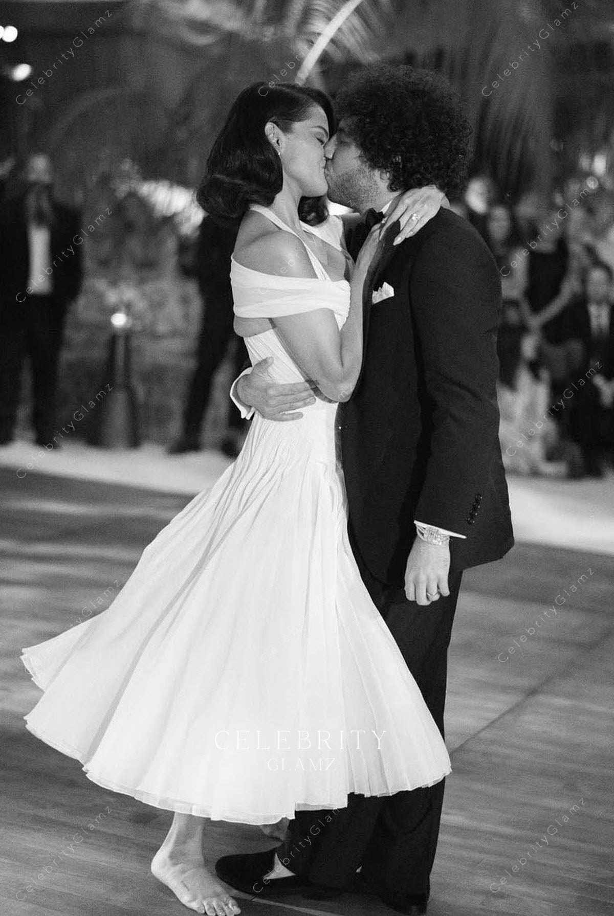 Selena Gomez off shoulder 2025 wedding reception dress