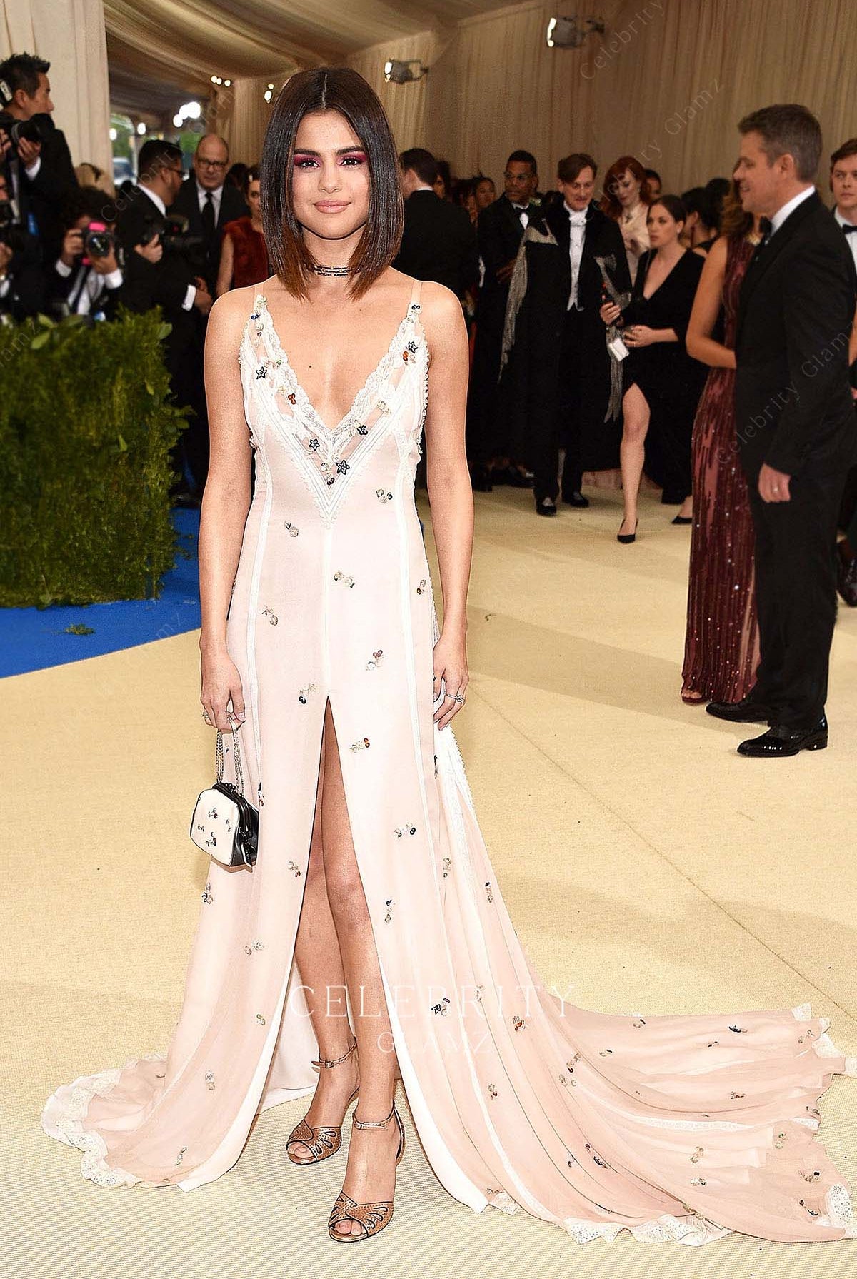 Selena Gomez pearl pink plunging neck prom dress 2017 met gala