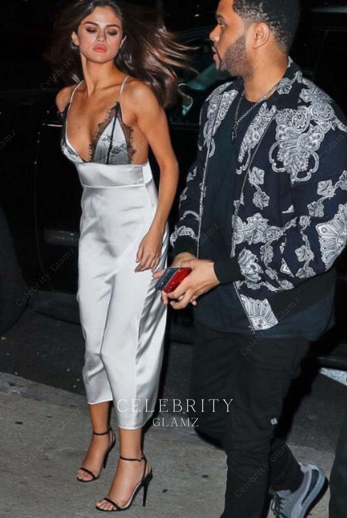 Selena Gomez silver v neck dress leaving 2017 left Rao's restaurant