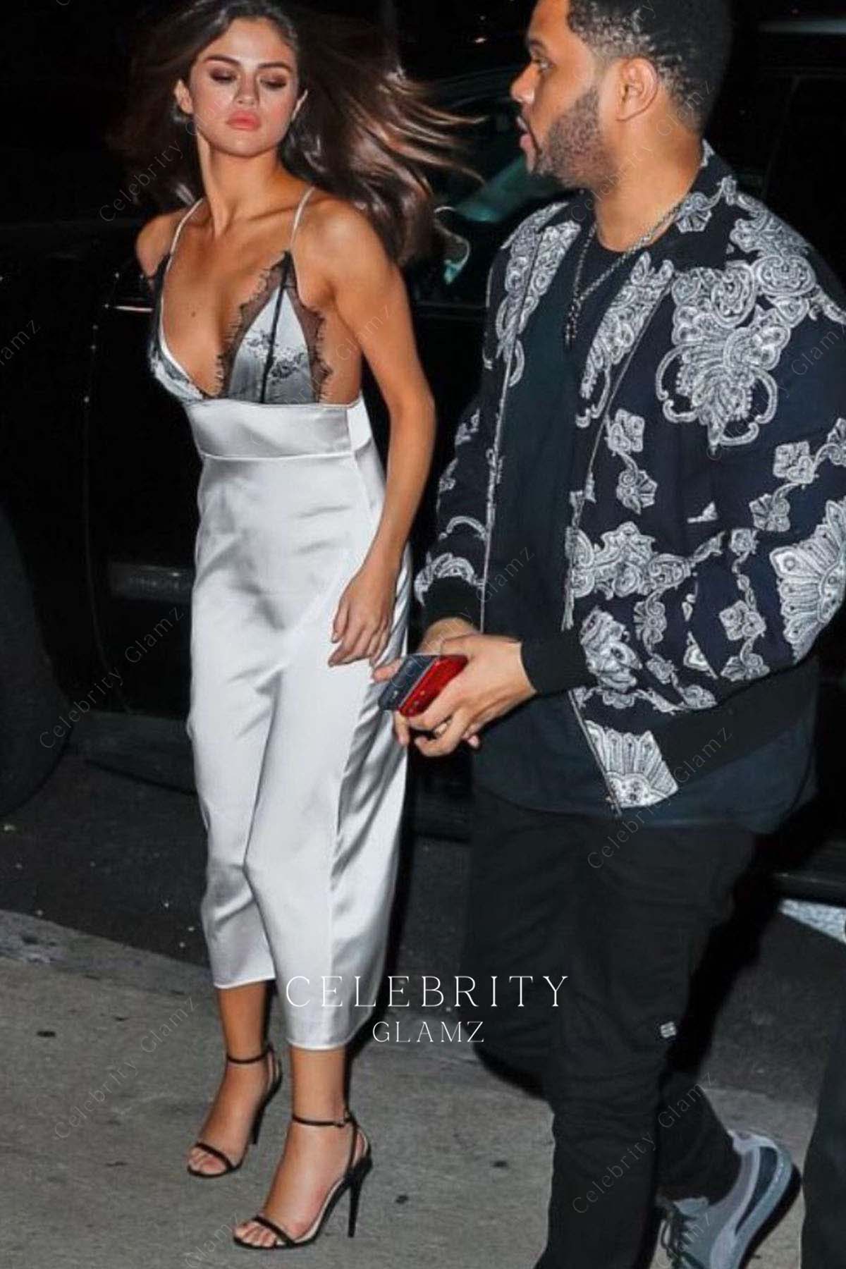 Selena Gomez silver v neck dress leaving 2017 left Rao's restaurant