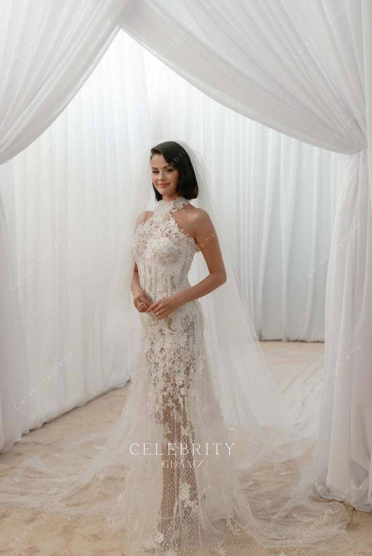 Selena Gomez white lace 2025 fit flare bridal dress