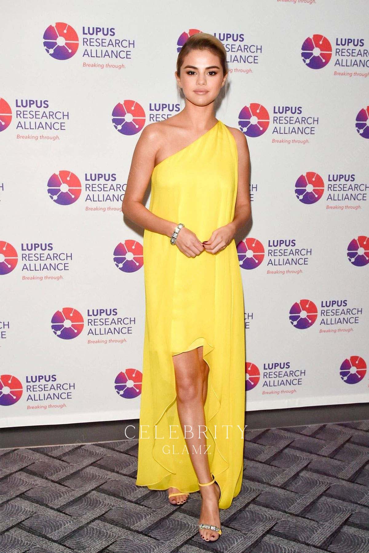 Selena Gomez yellow chiffon dress 2017 lupus charity gala