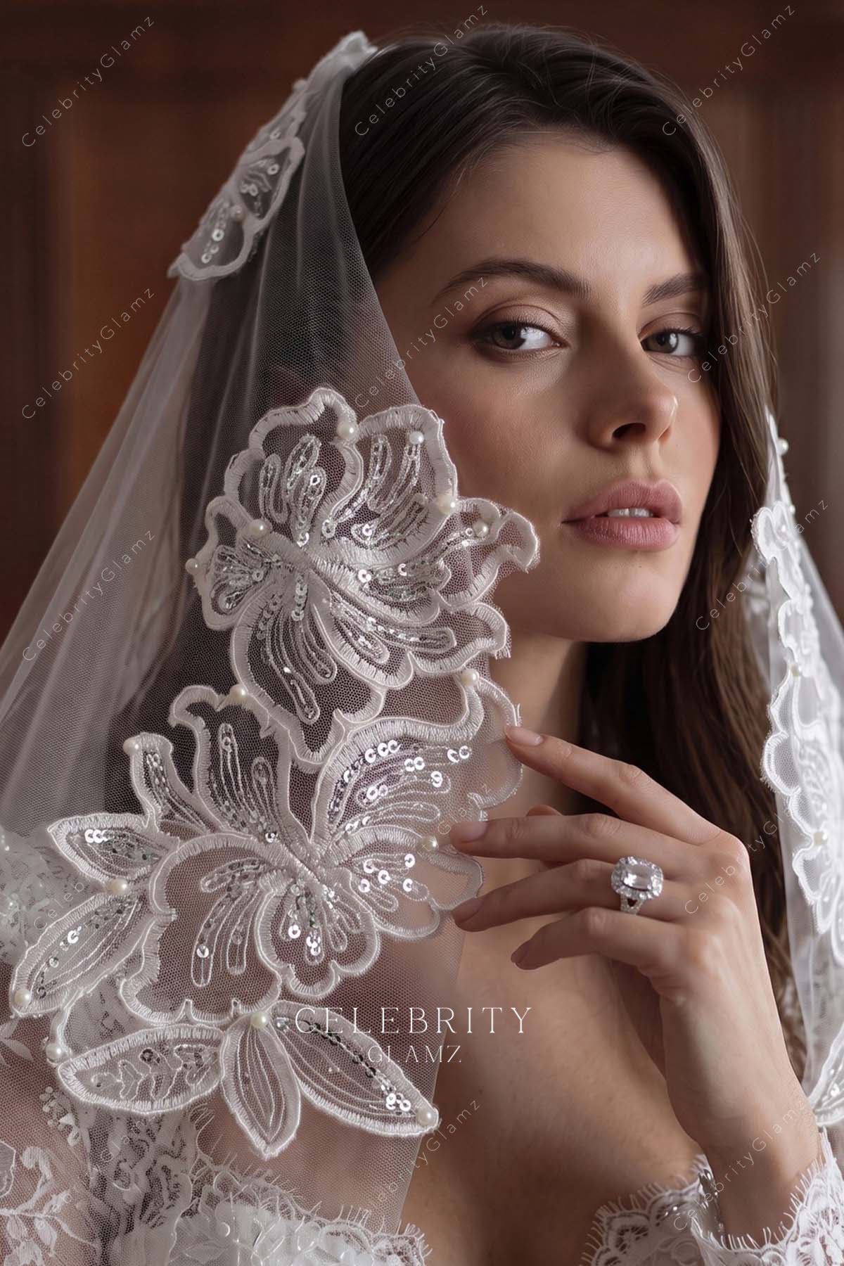 sequined floral lace applique bridal veil