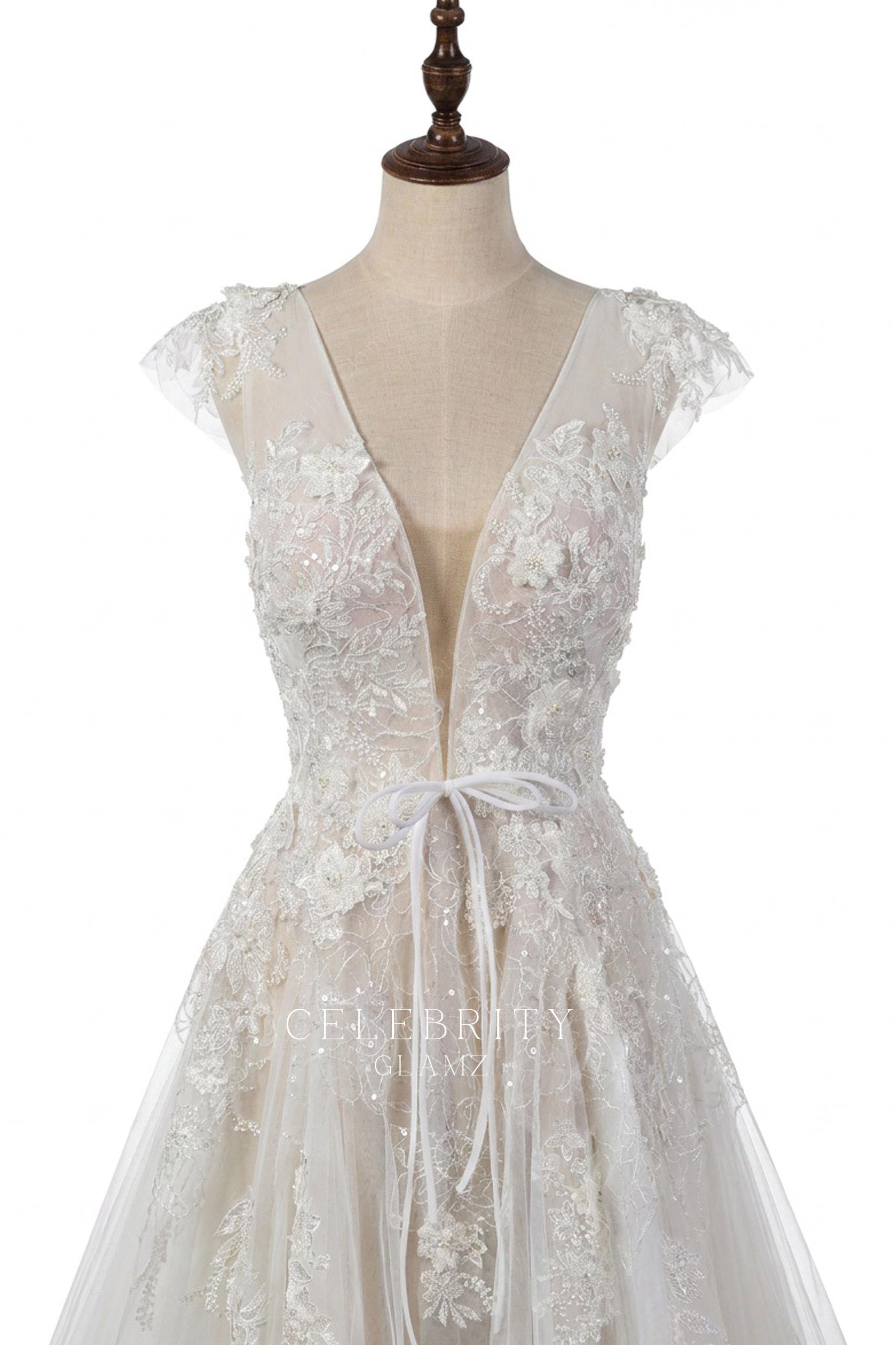 sheer cap sleeve lace wedding dress