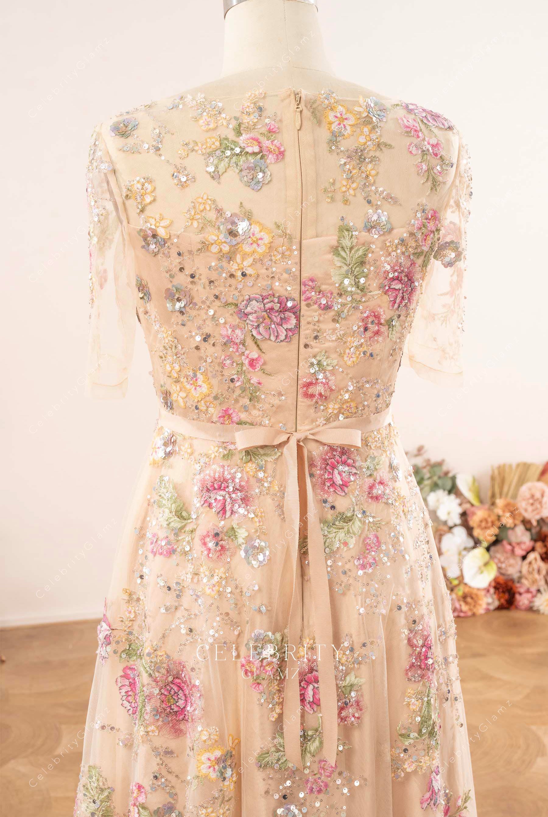 sheer sequin lace back mother of bride dress