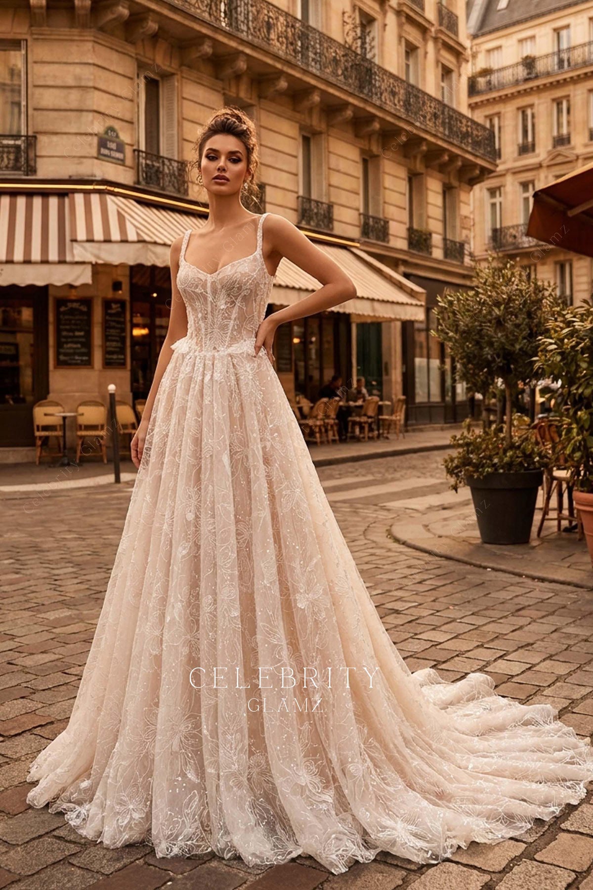 shimmery flower lace bridal dress