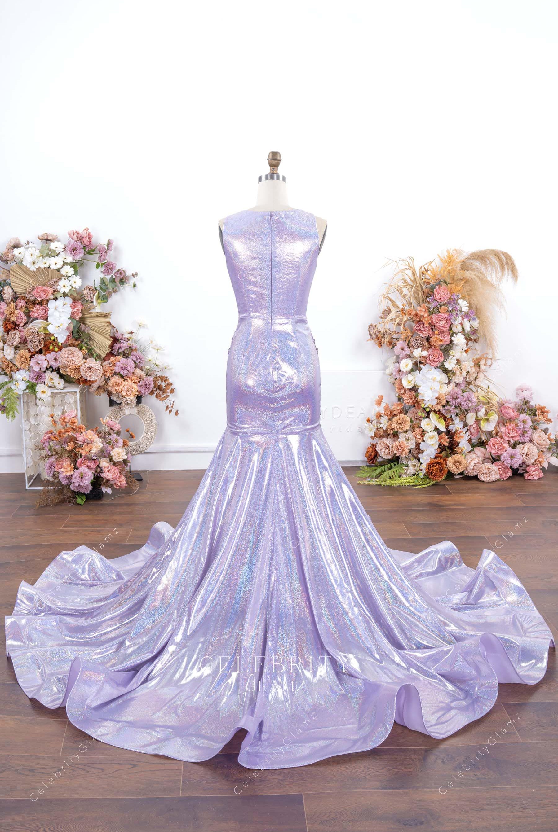 shimmery galaxy full back prom dress