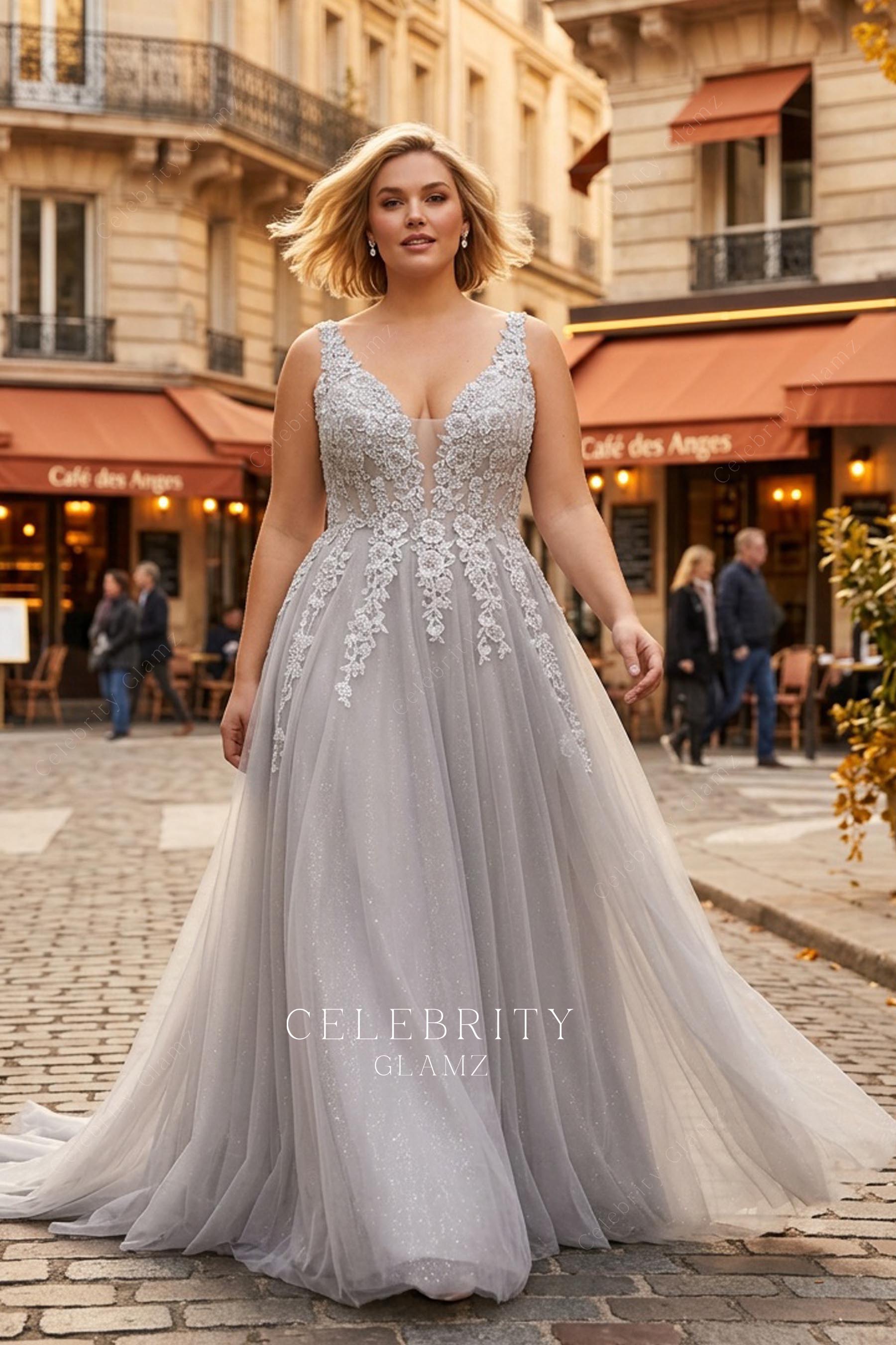 shimmery grey tulle formal dress