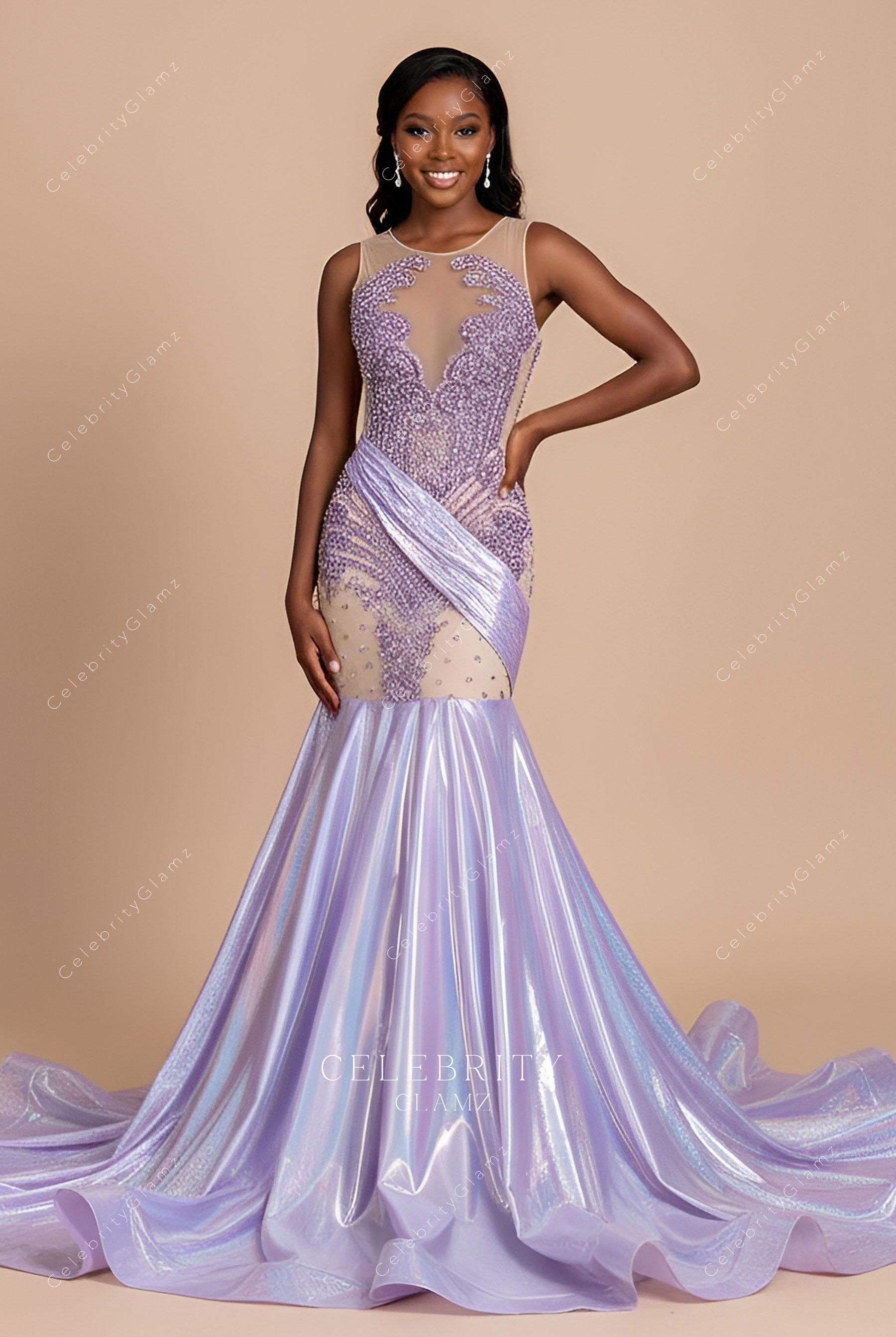 shimmery lilac trumpet prom dress