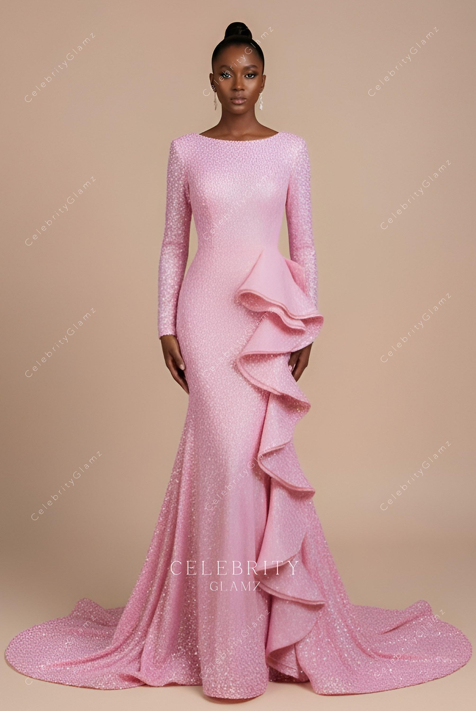 shimmery pink long sleeve ruffles prom dress