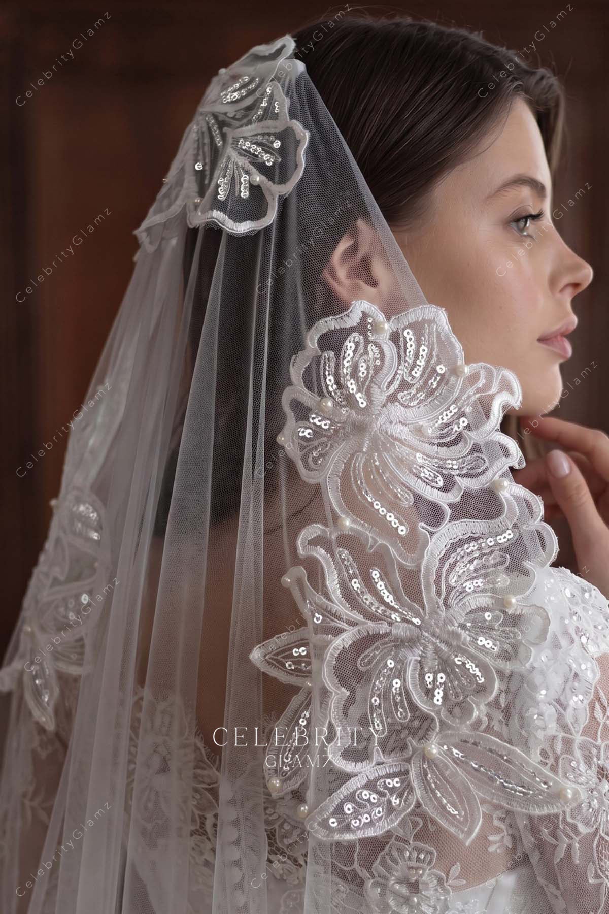 shimmery sequined floral lace bridal veil