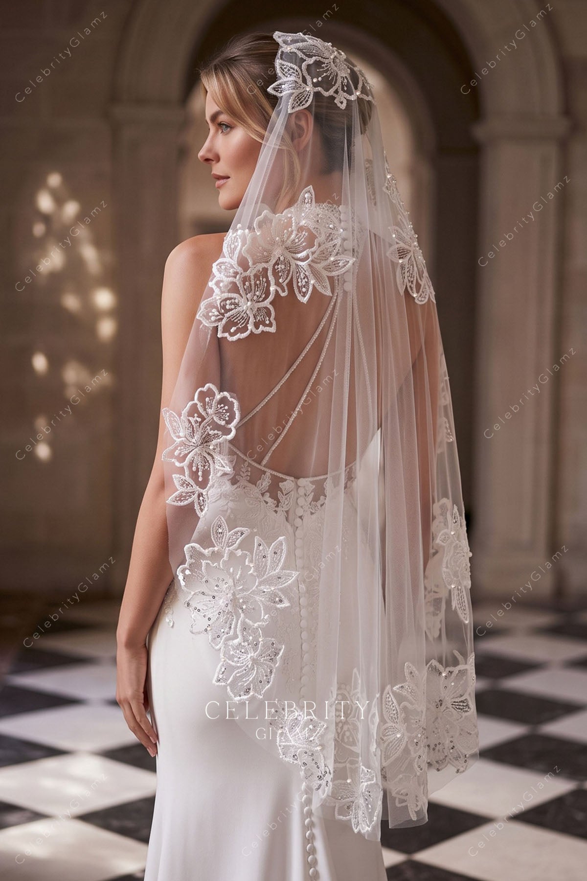 shimmery sequined flower lace bridal veil