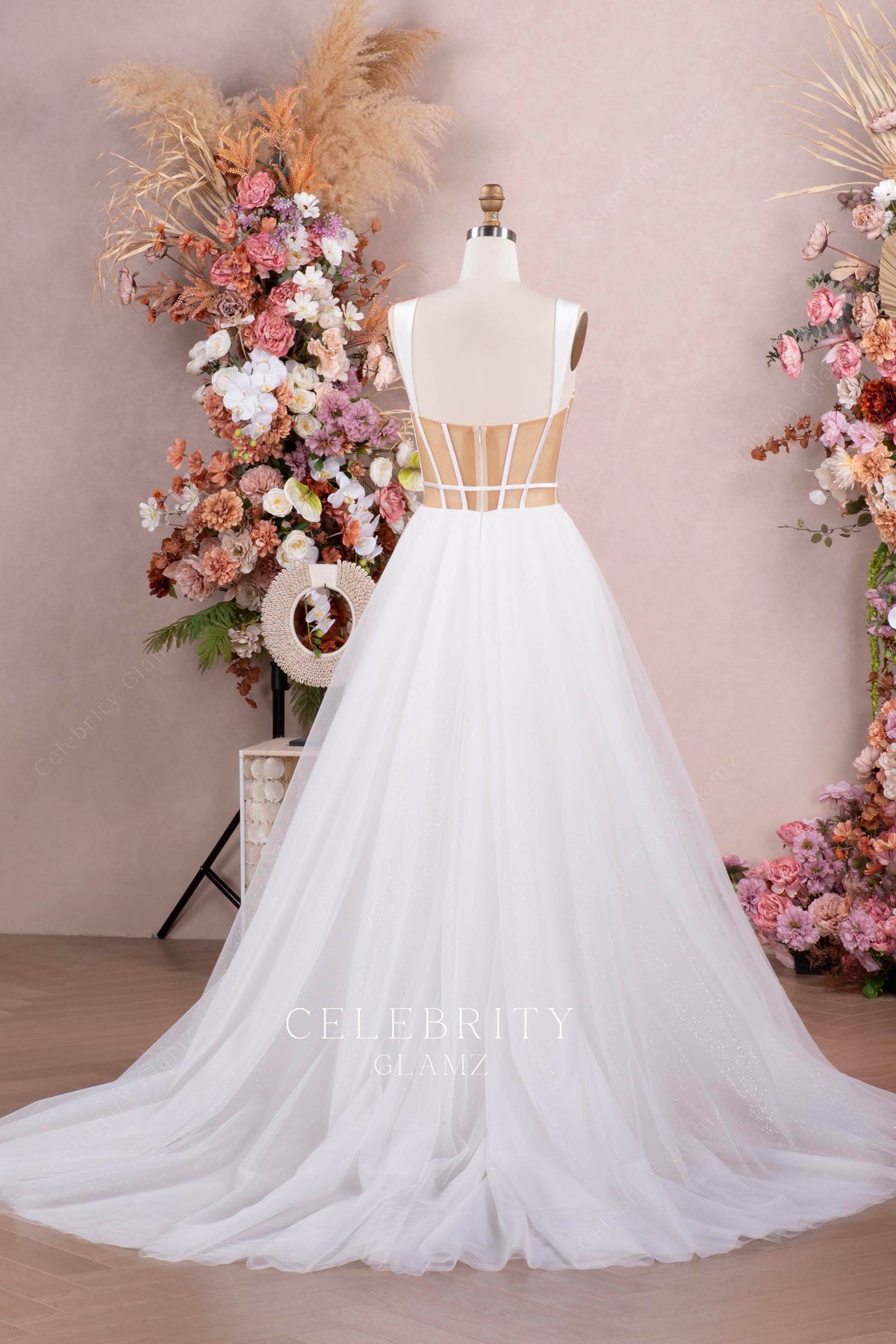 shimmery tulle long train wedding dress