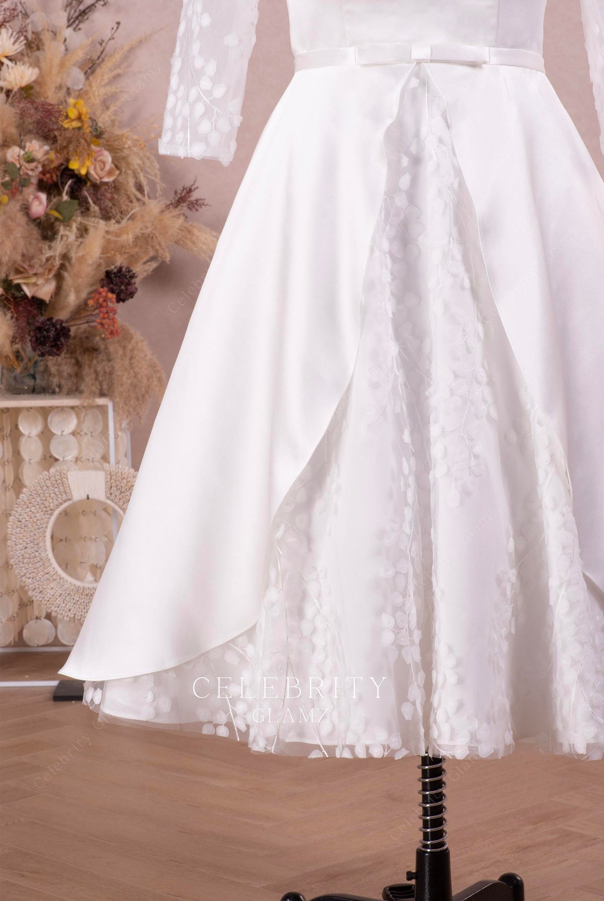 short lace wedding dress with satin overlay