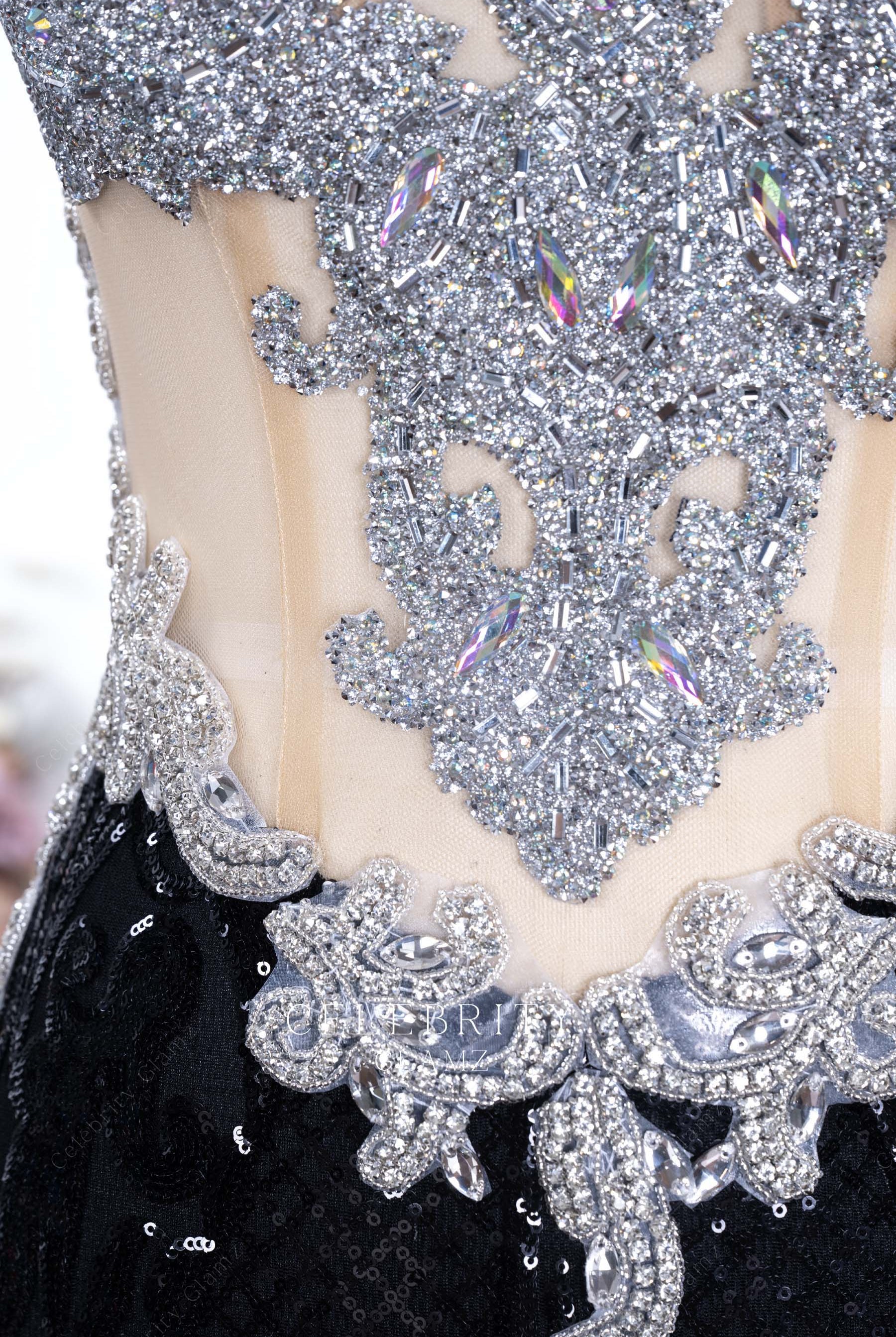 silver crystals lace appliques formal dress