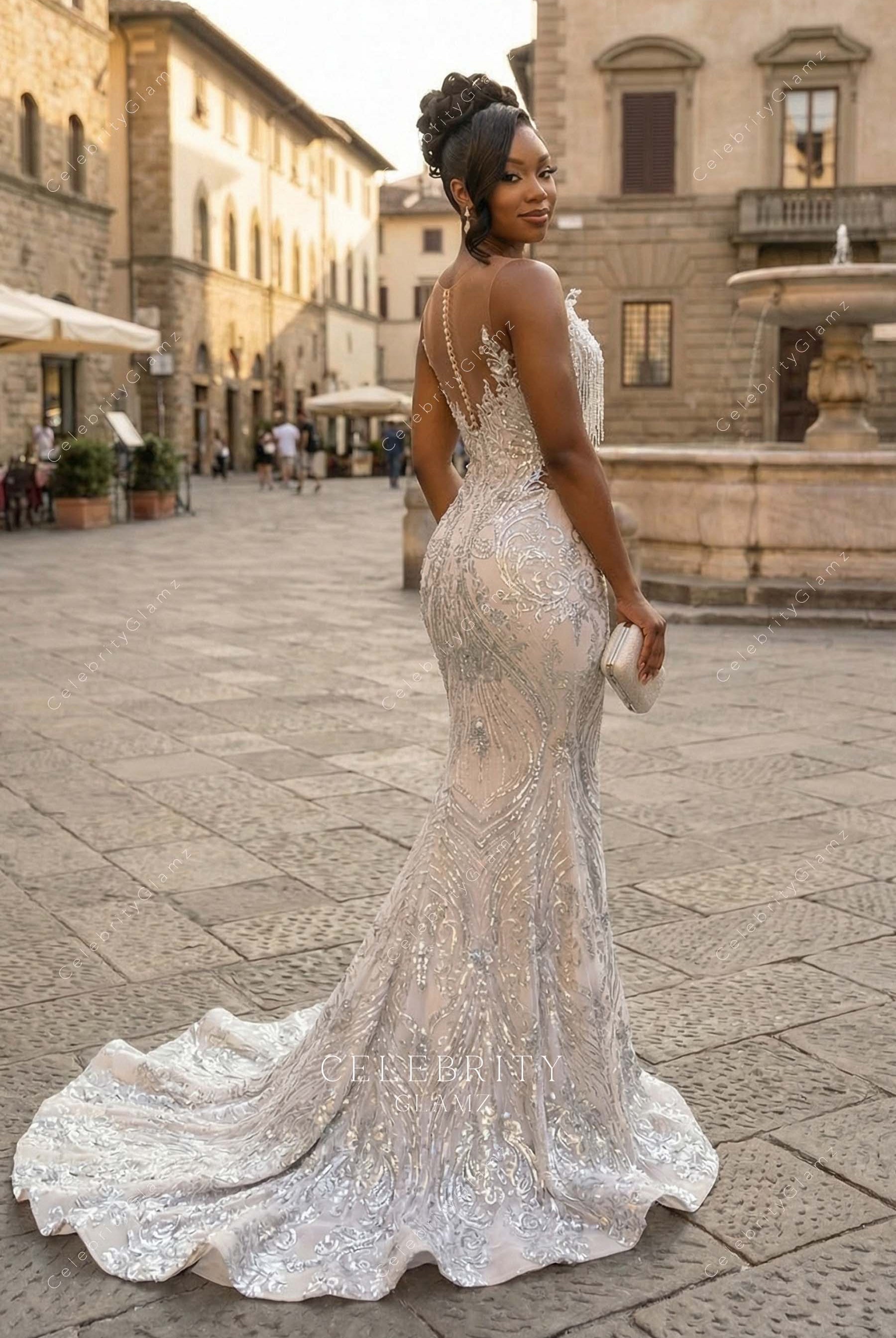 silver glitter illusion back mermaid prom dress
