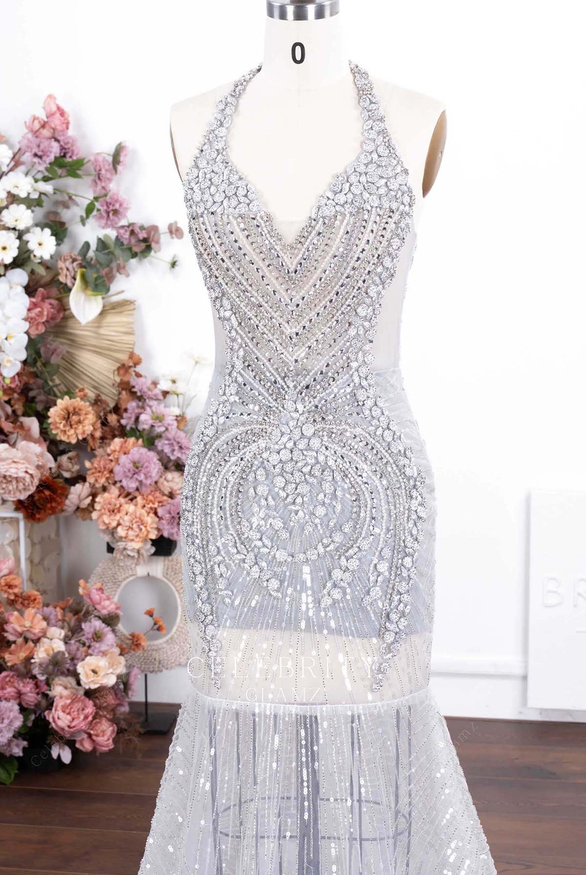 silver rhinestones halter prom dress
