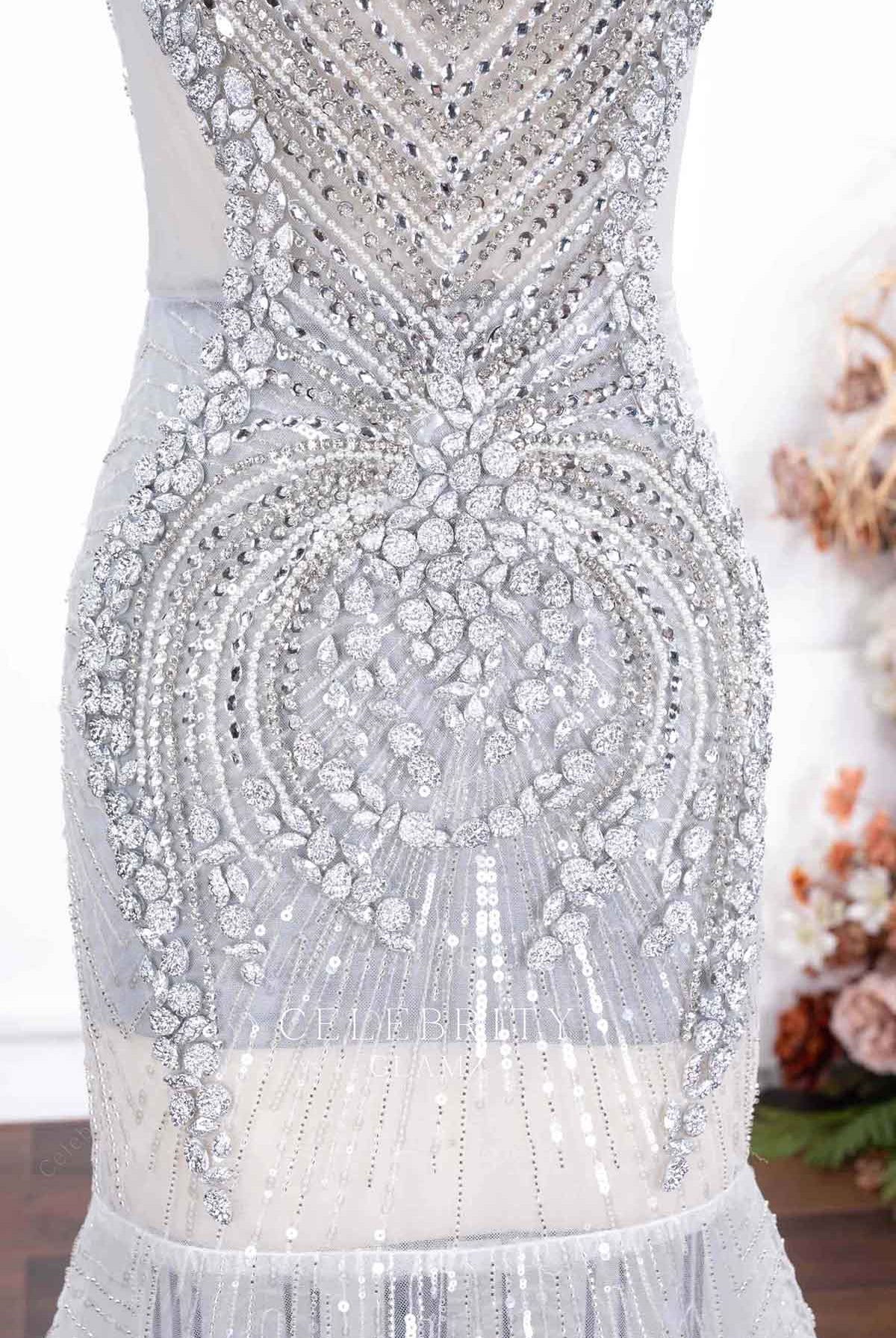 silver rhinestones prom dress