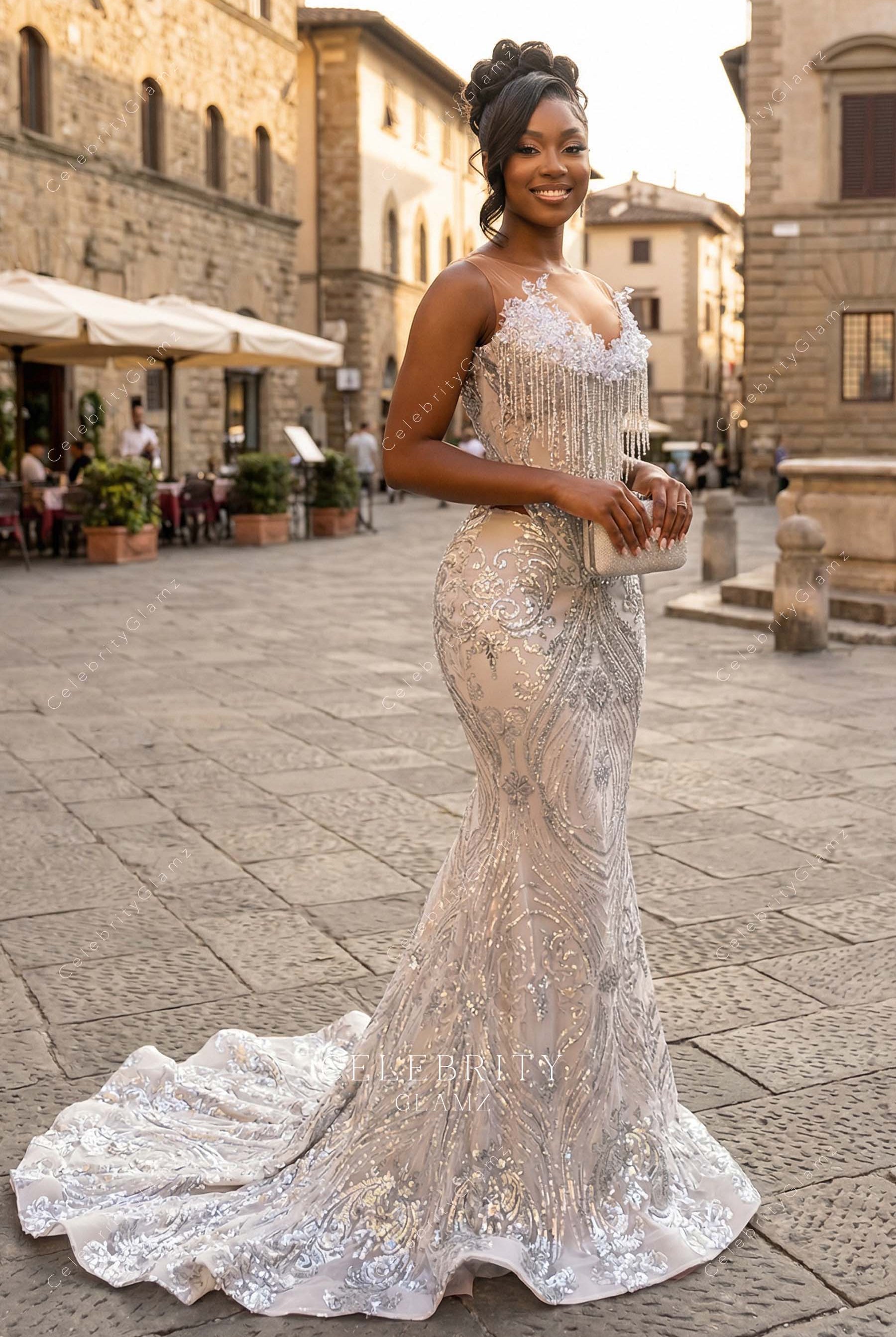 silver rhinestones tassels mermaid prom dress