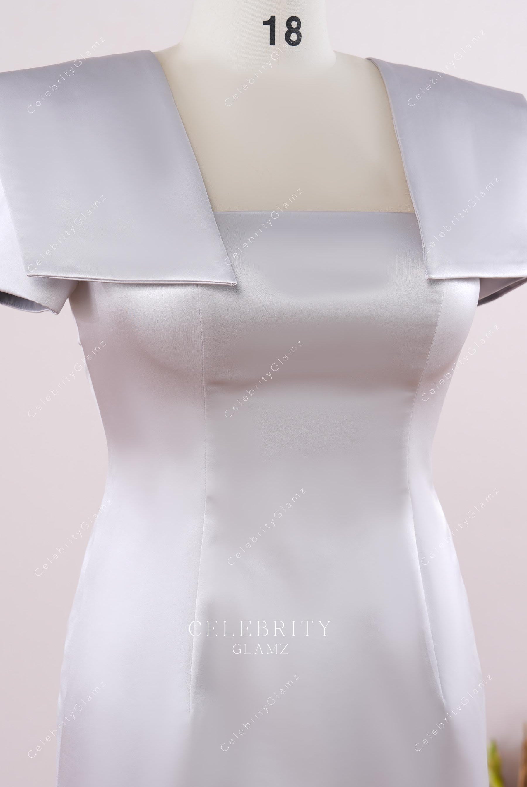 silver satin cape evening dress