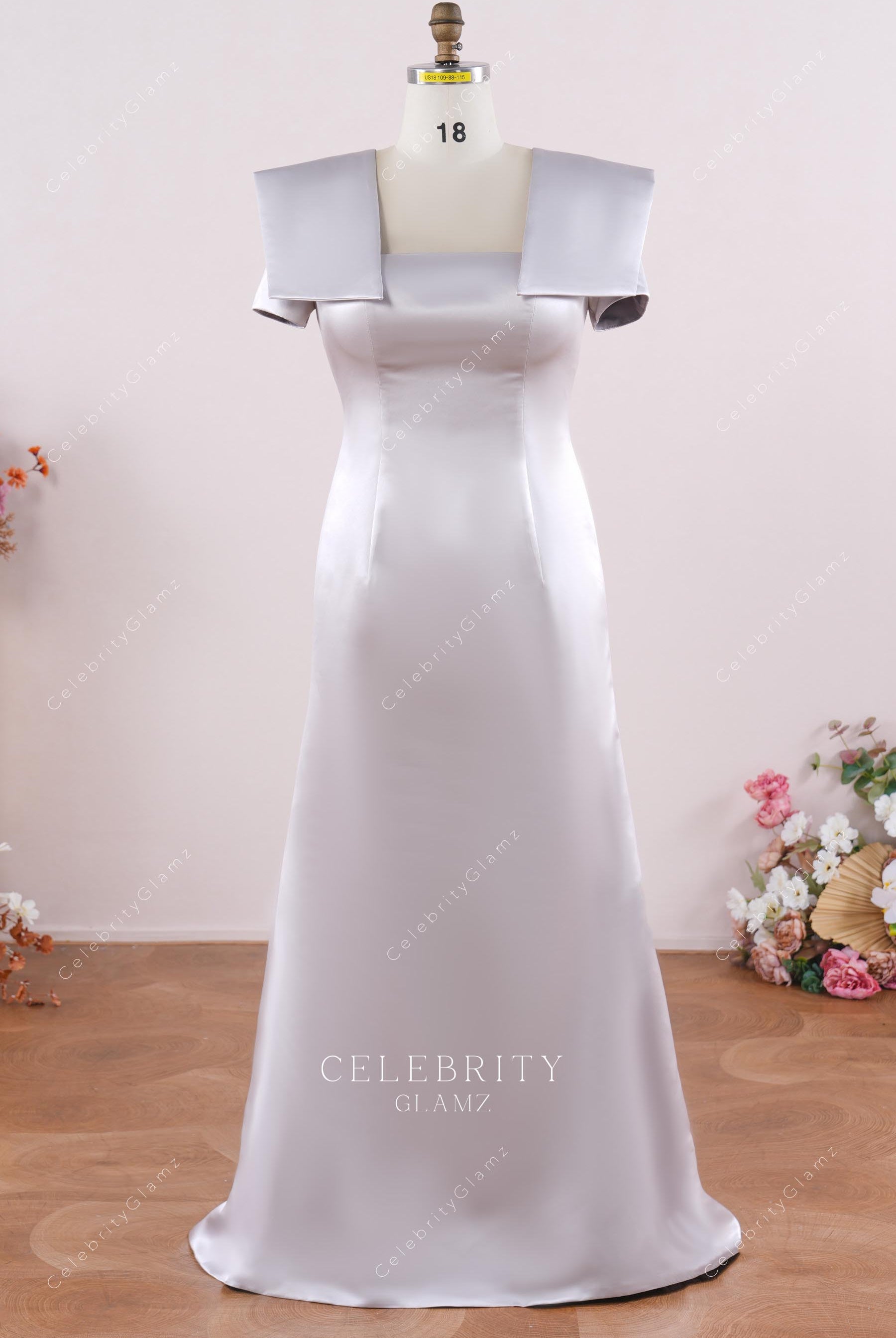 silver satin fit flare celebrity gown