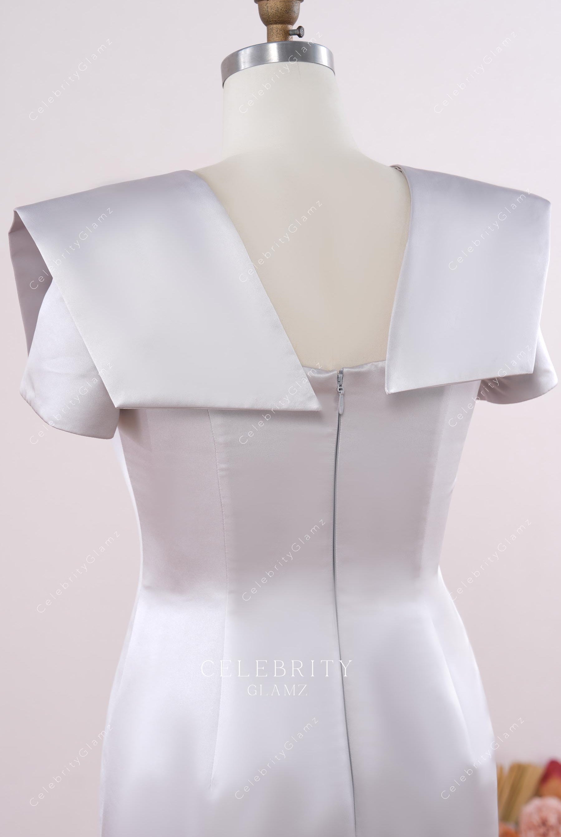 silver satin shoulder panel formal dress