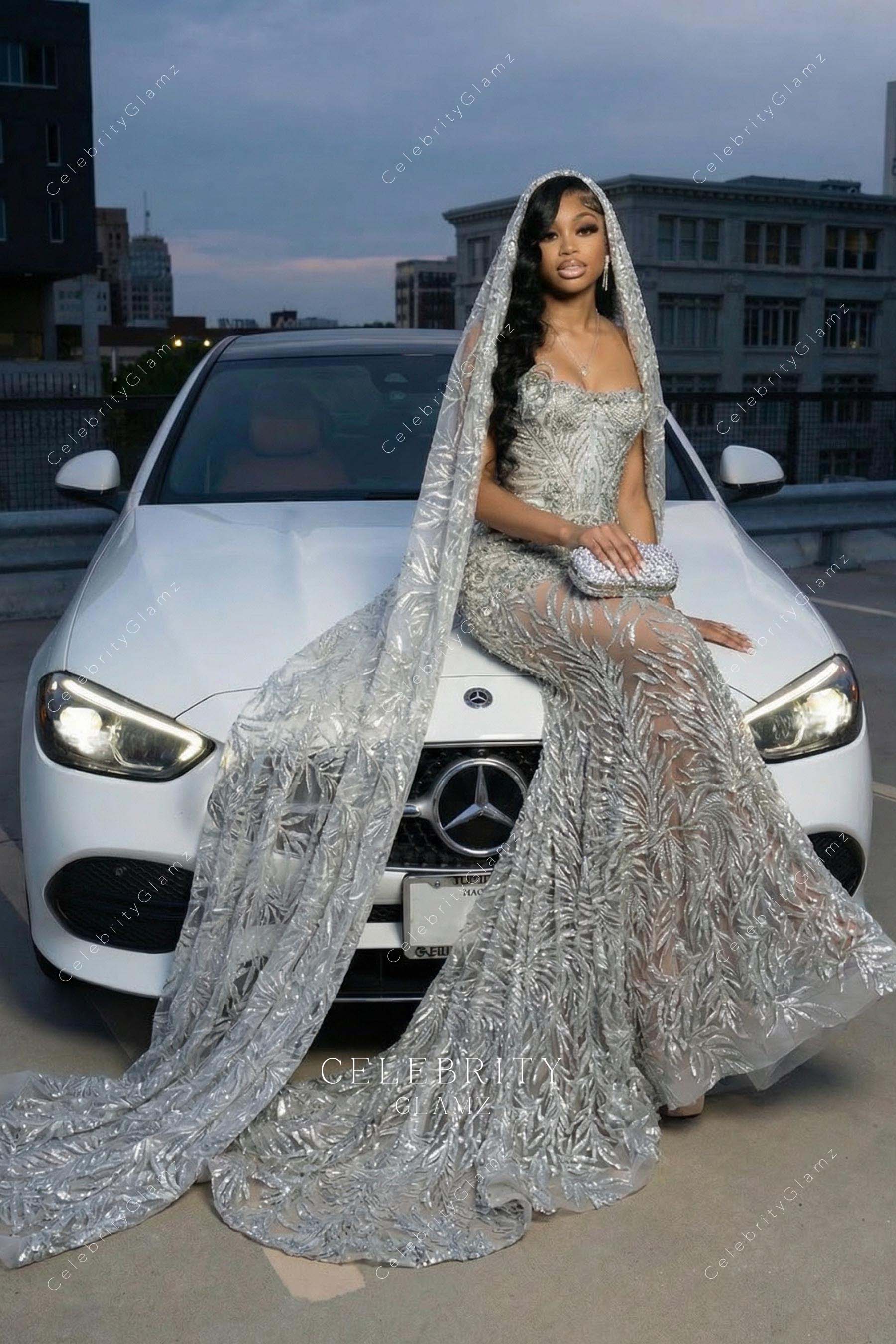 silver sequin mermaid court train prom dress