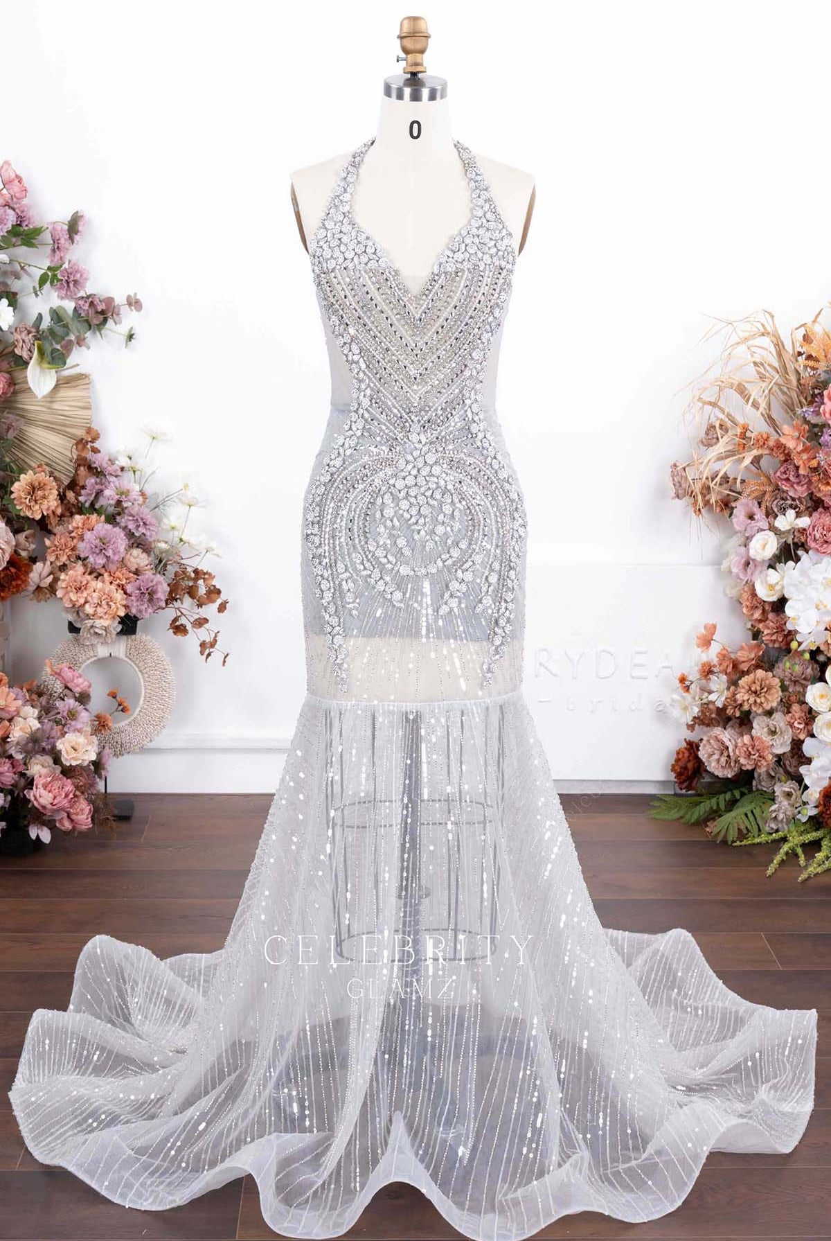 silver v neck prom dress