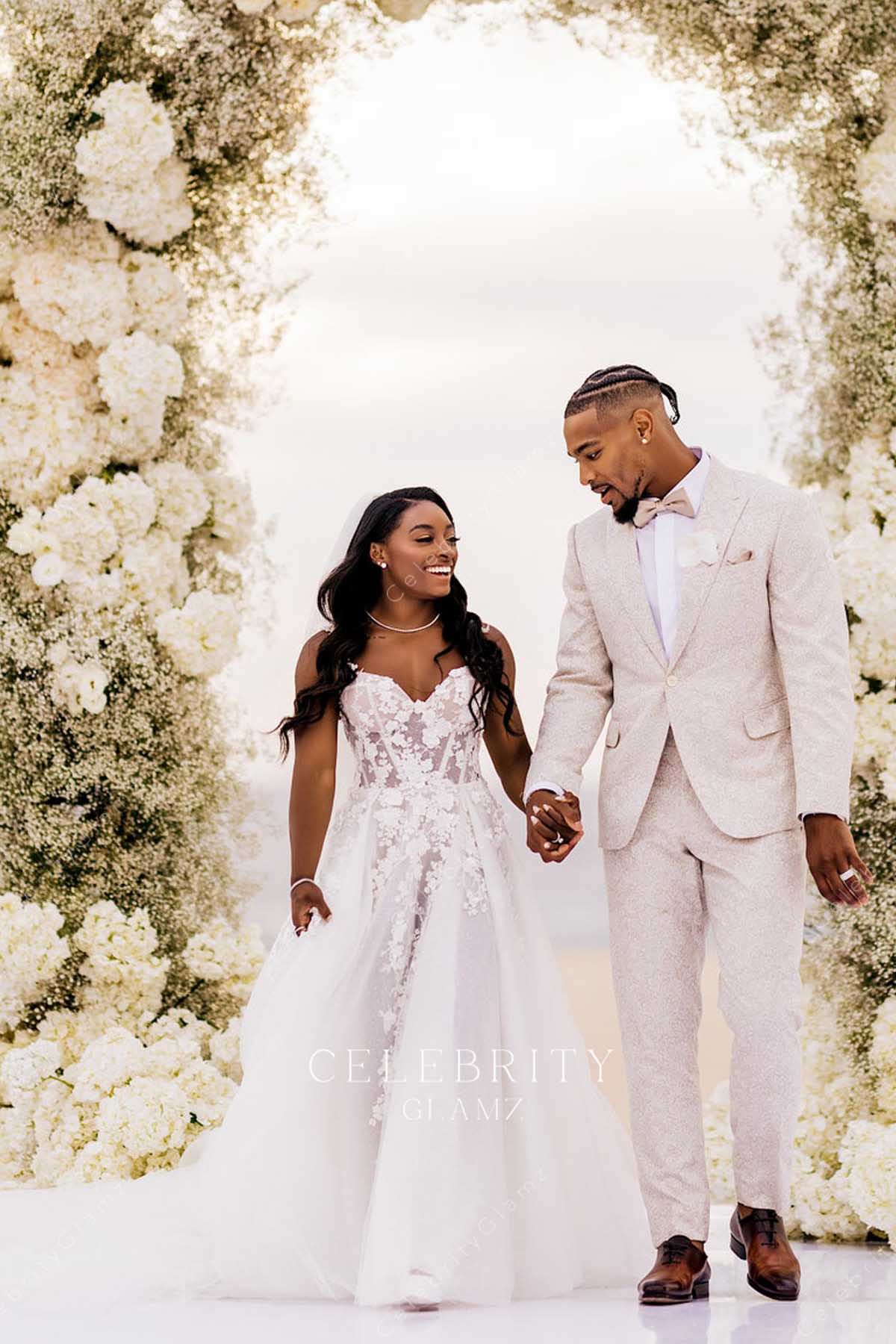 Simone Biles delicate lace wedding dress