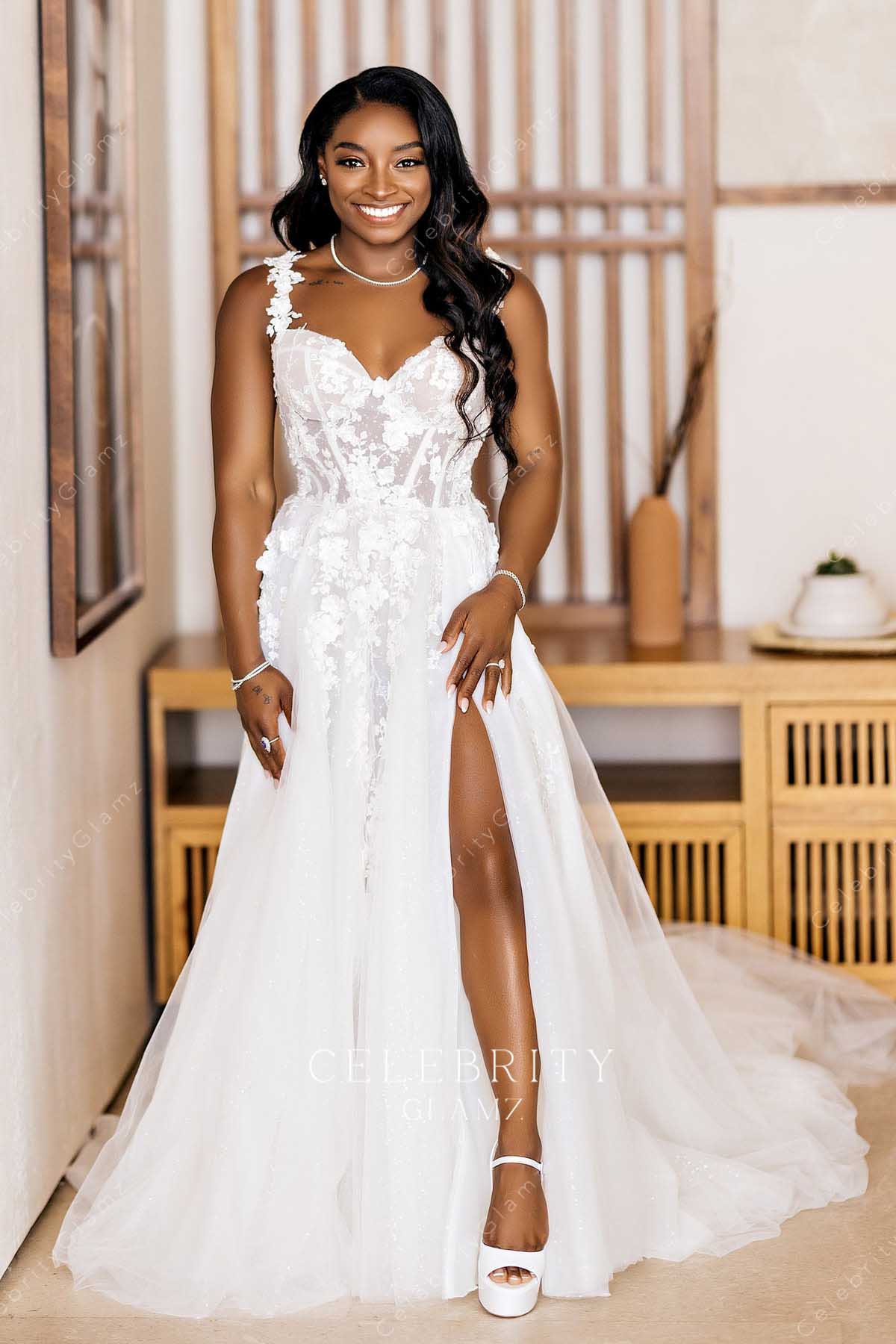 Simone Biles high slit wedding dress