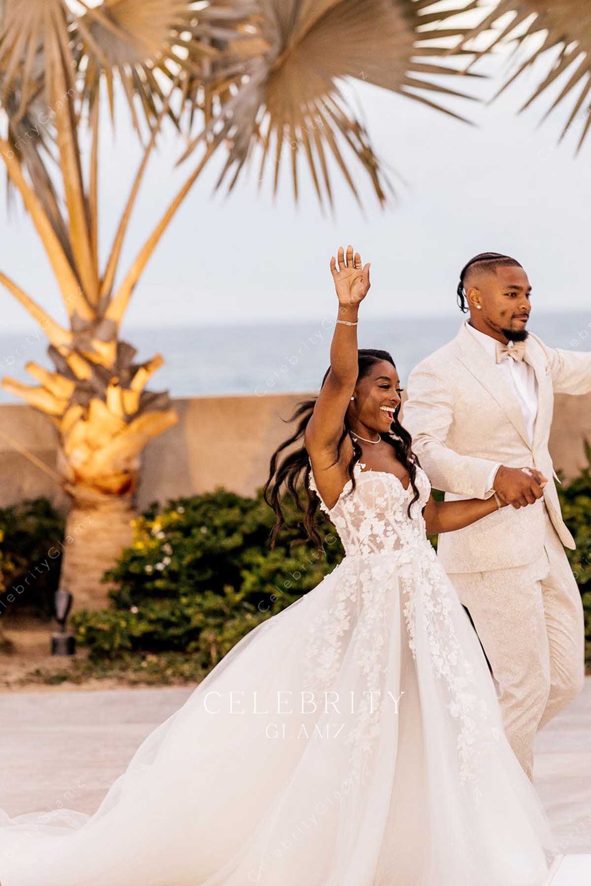 Simone Biles white lace sleeveless wedding dress