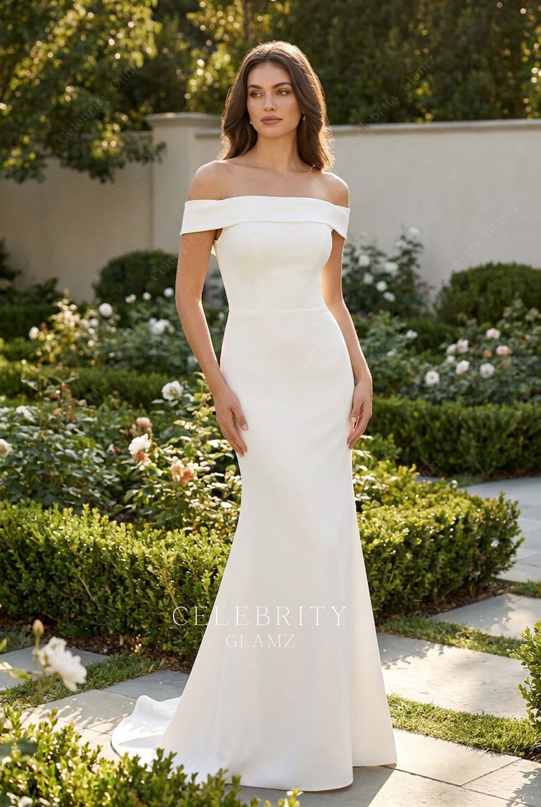 simple off shoulder sweep train wedding dress