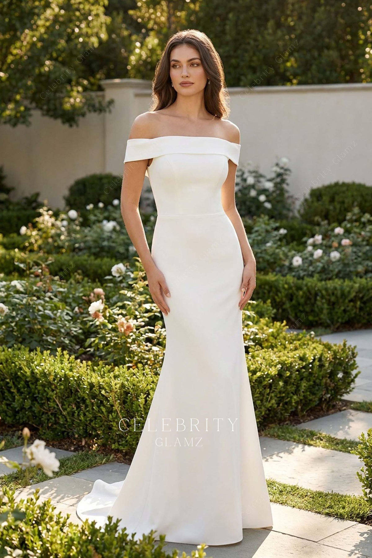 simple off shoulder sweep train wedding dress