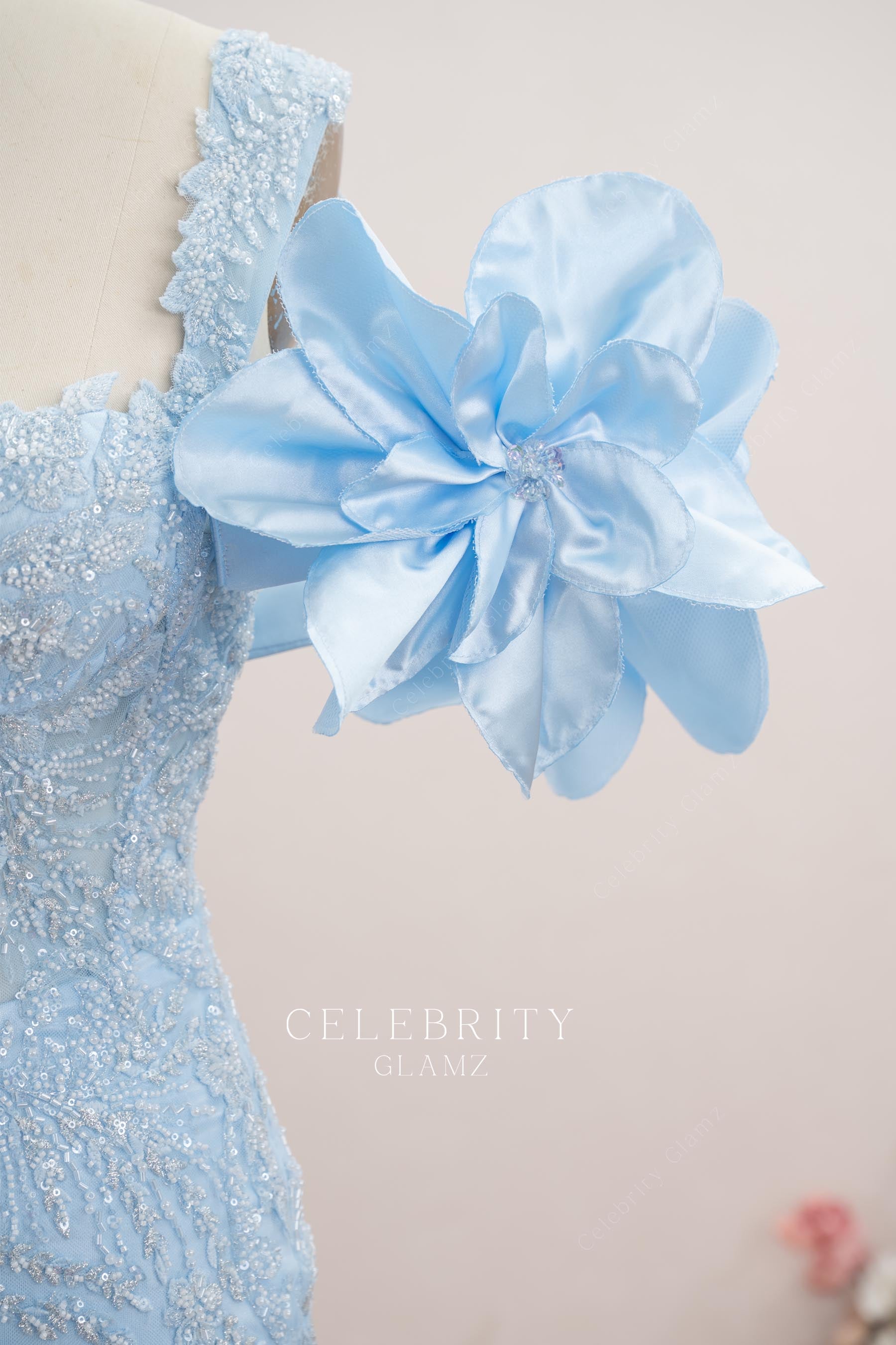 sky blue d floral prom dress