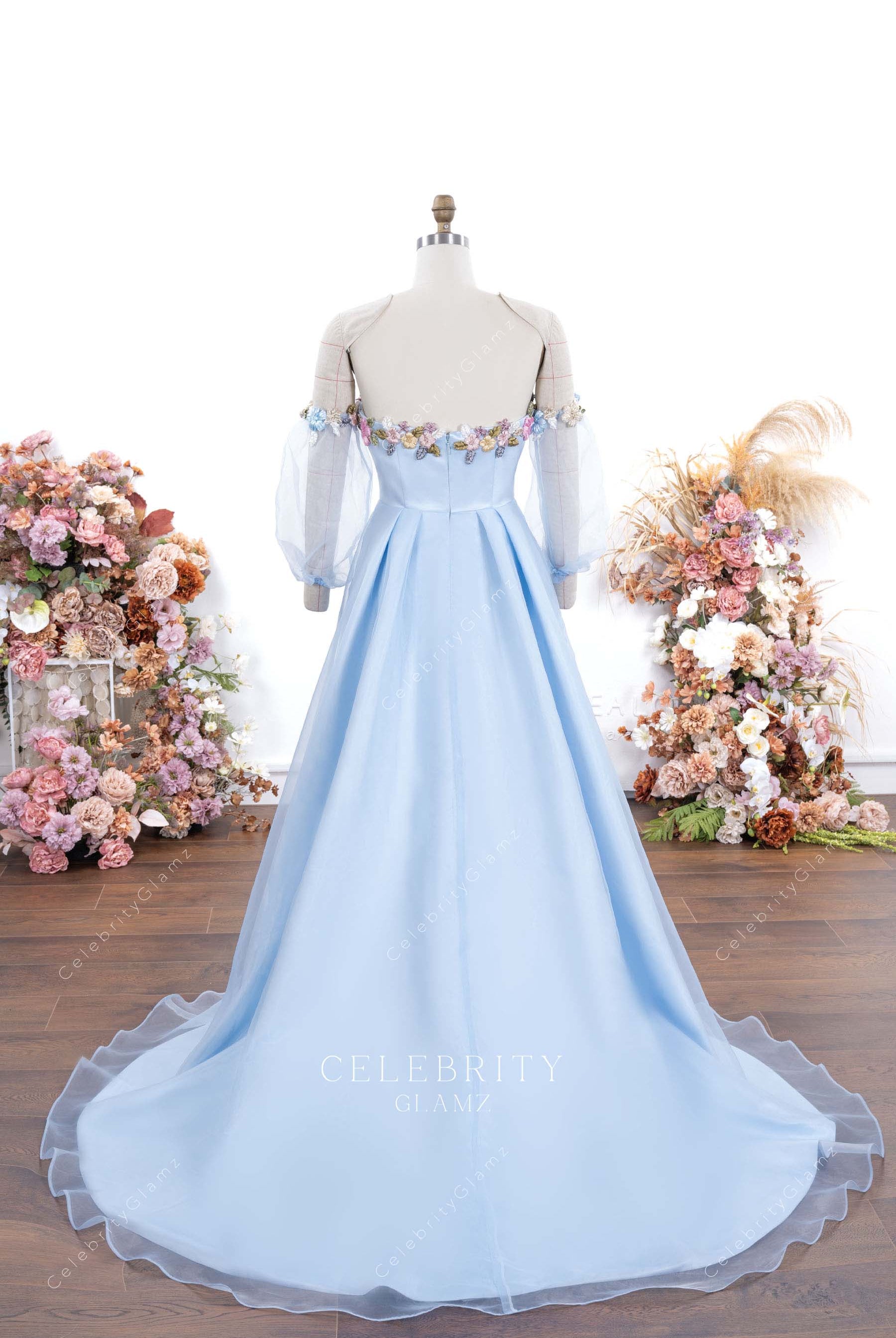 sky blue a line court train formal gown