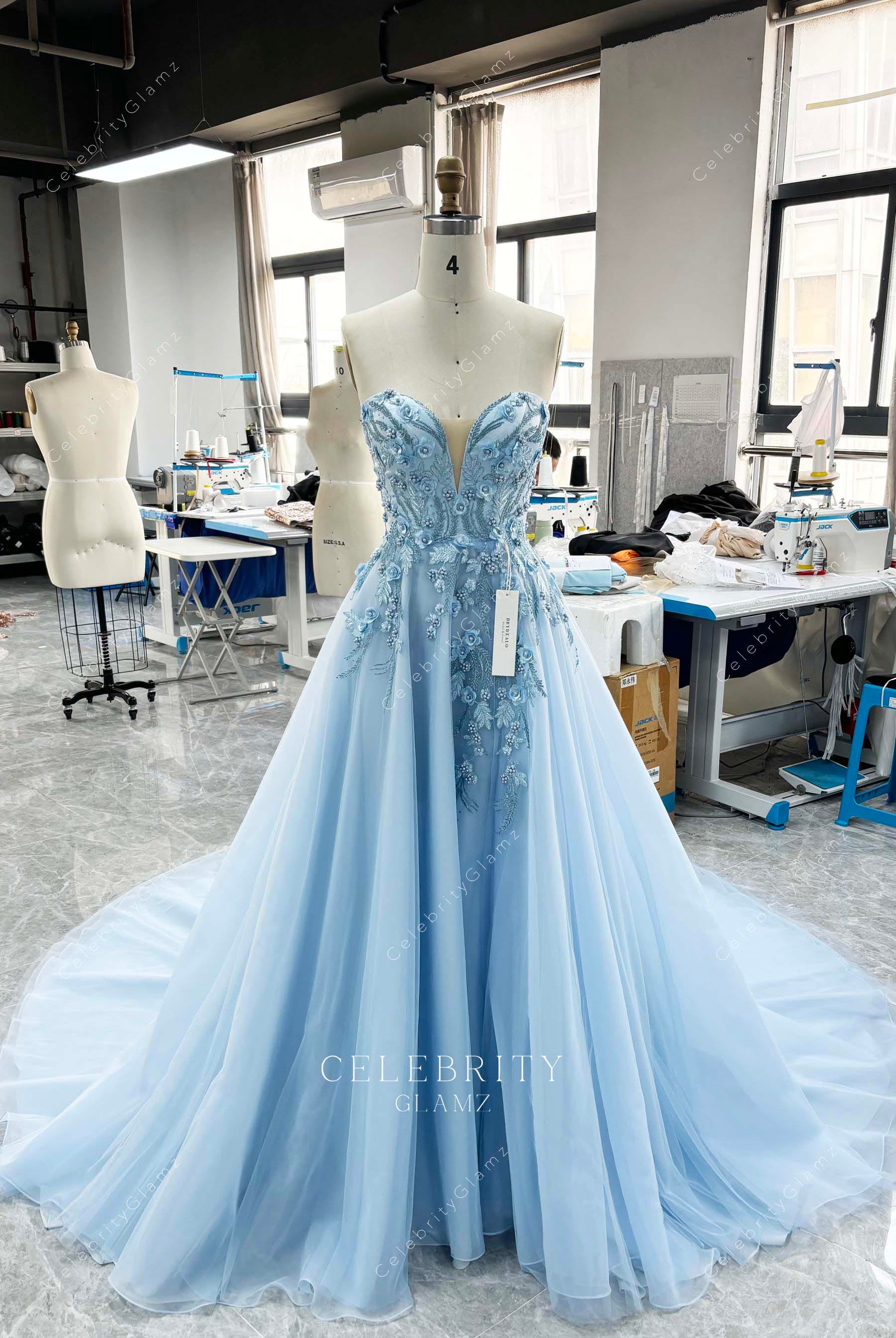 sky blue a line prom dress