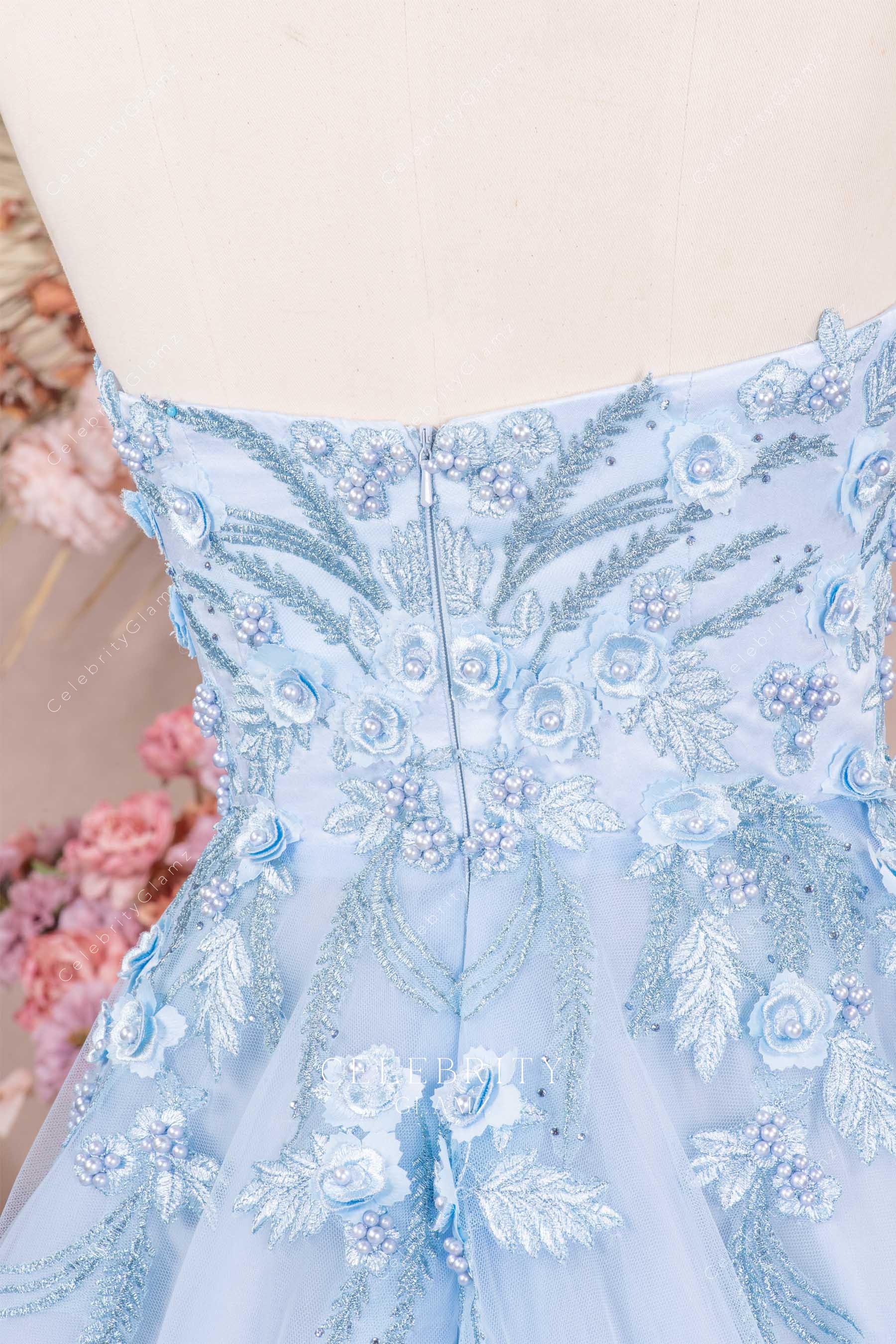 sky blue backless prom dress