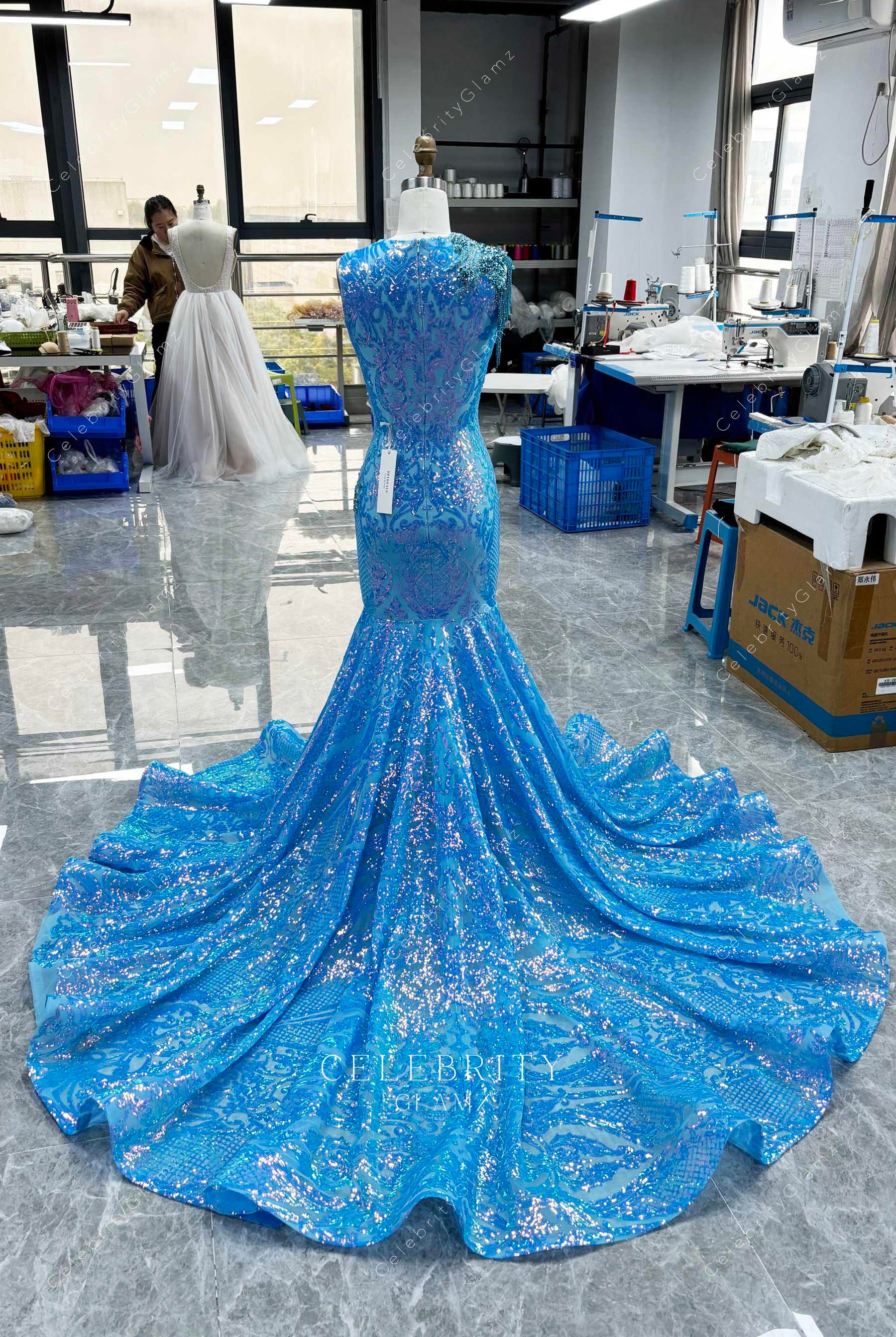 sky blue chapel train prom dress