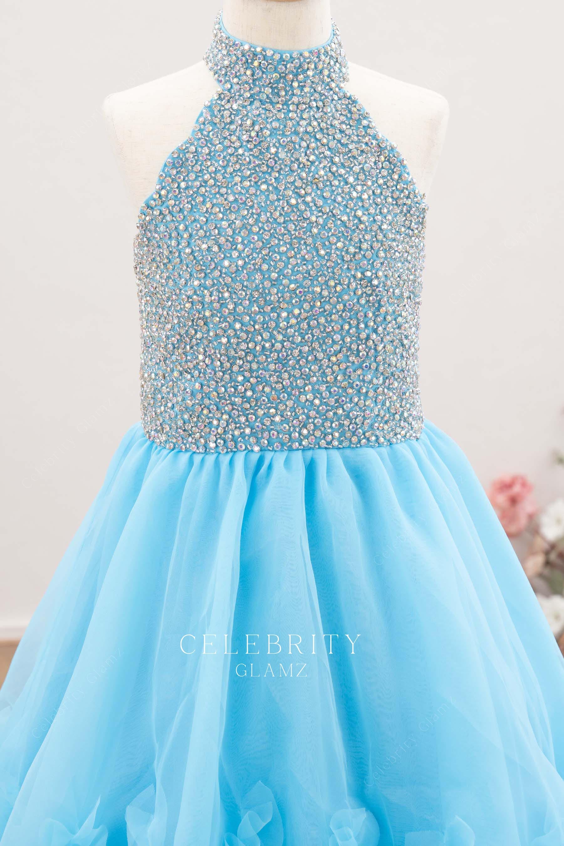 sky blue crystal bodice kids pageant dress