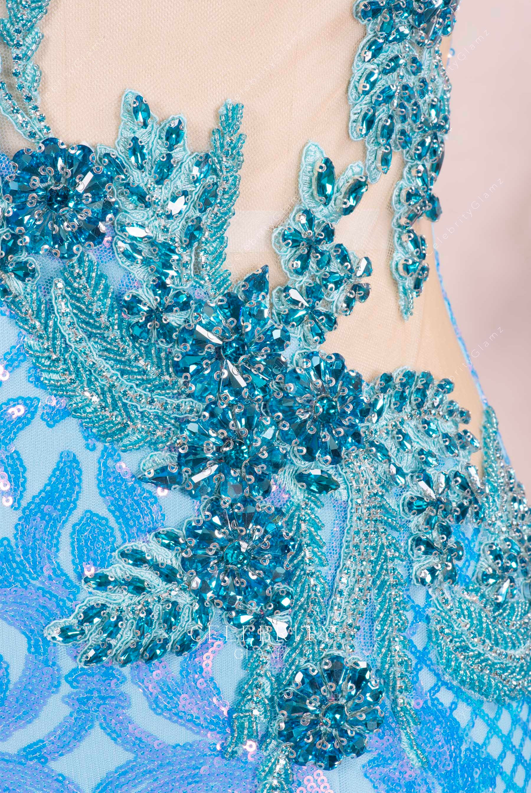 sky blue crystals prom dress