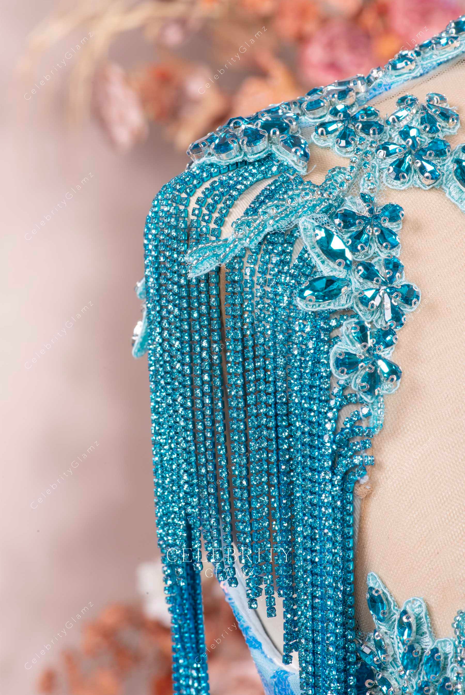 sky blue crystals tassels prom dress