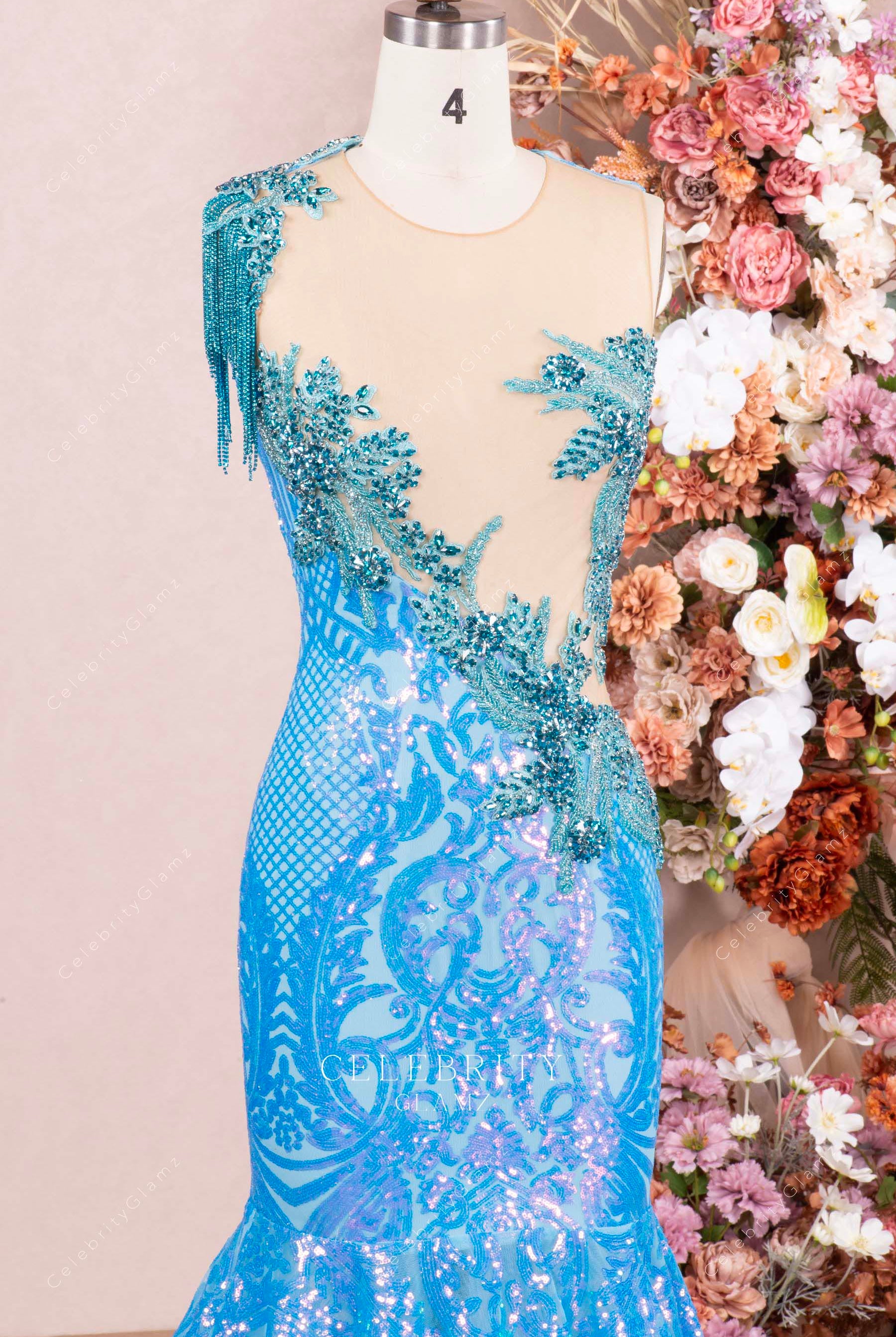 sky blue glitter illusion neck formal dress