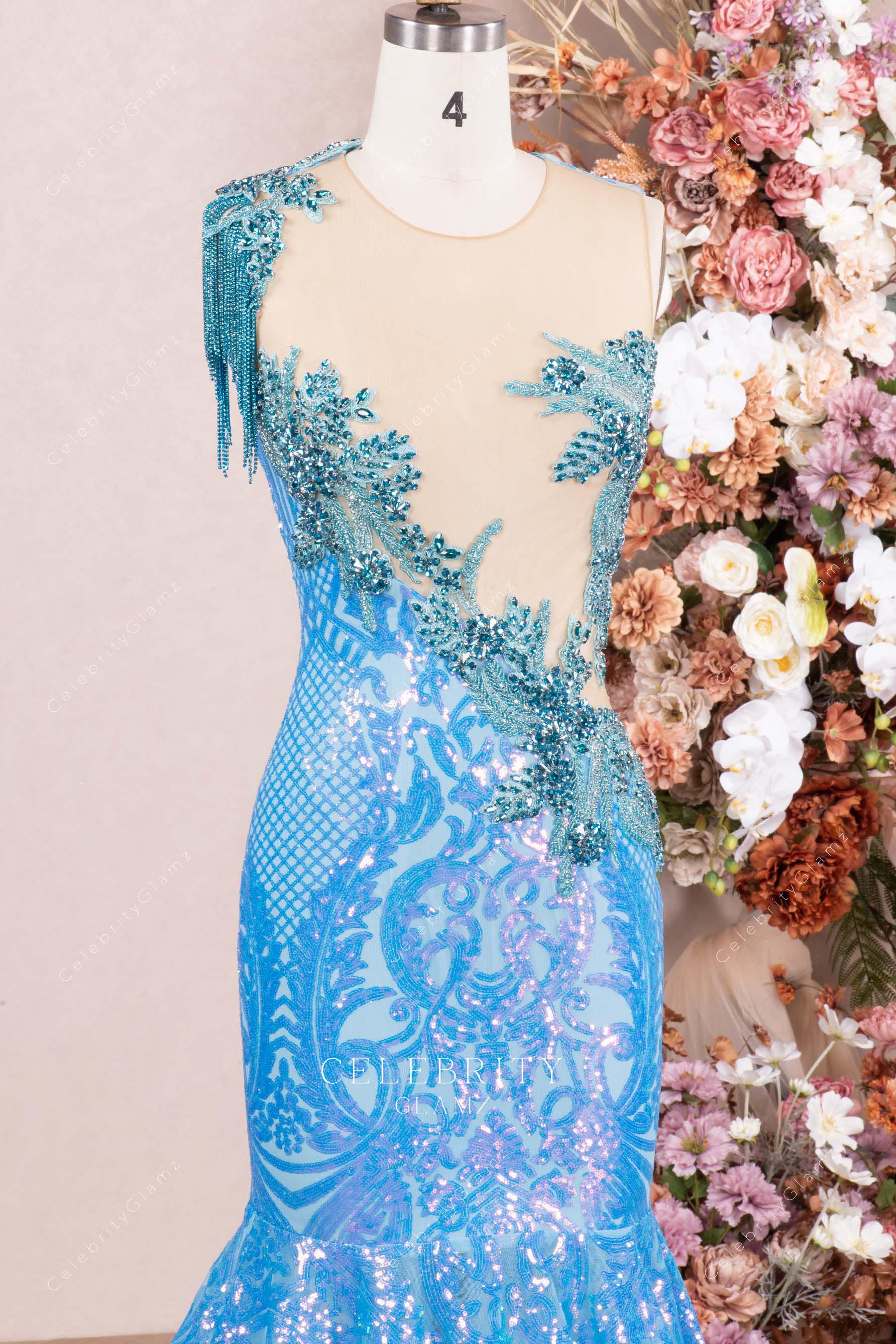 sky blue glitter illusion neck formal dress