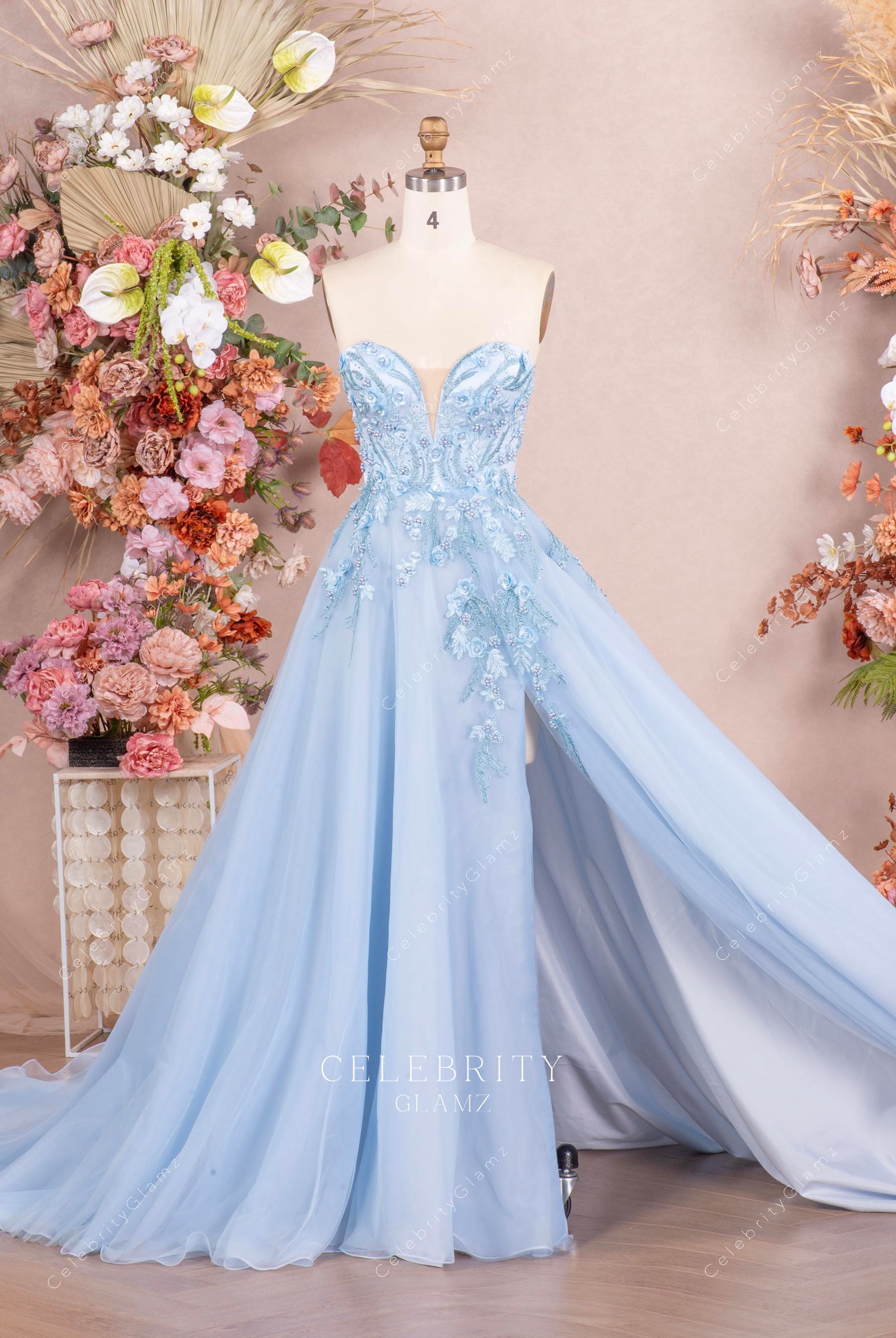 sky blue high slit prom dress