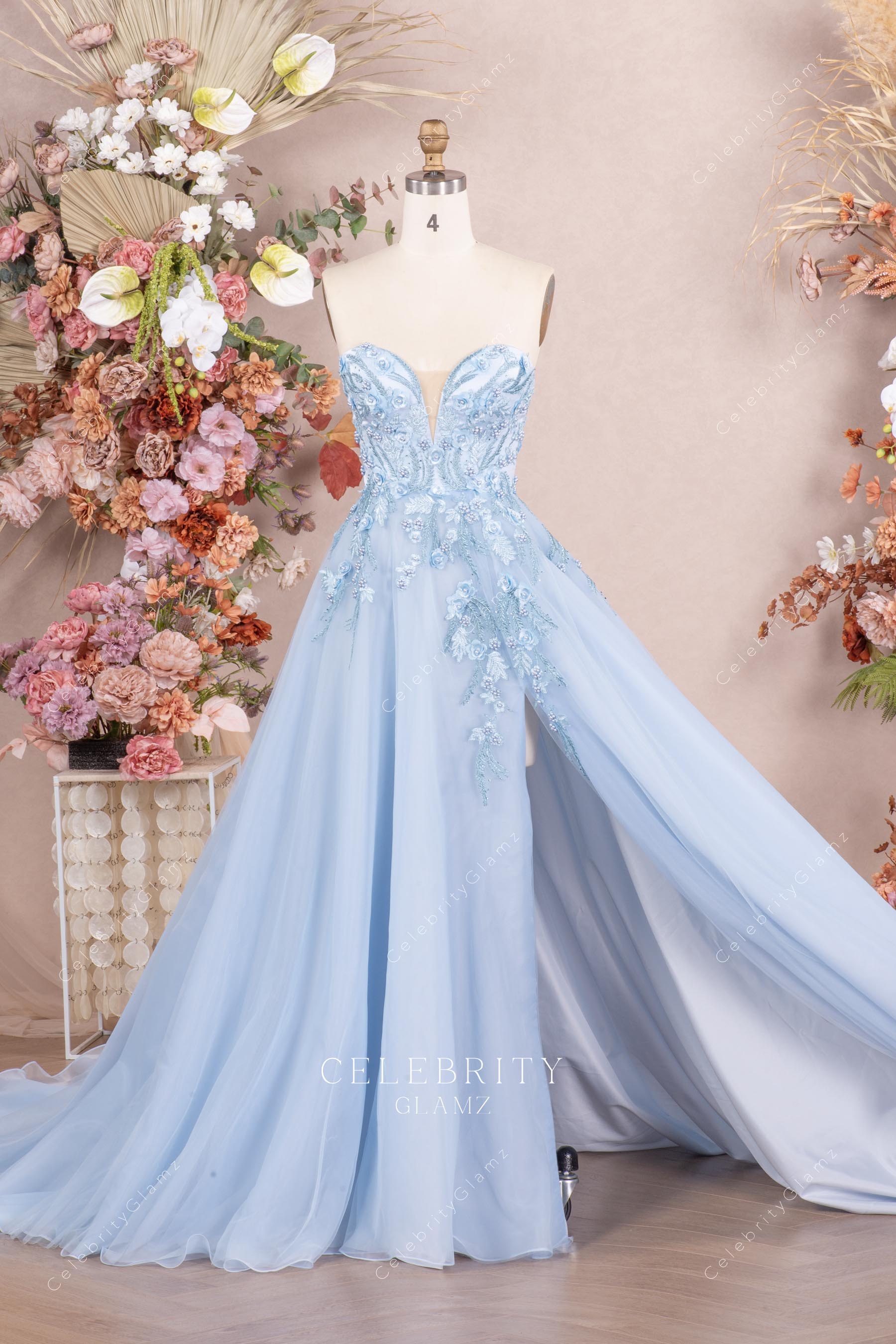 sky blue high slit prom dress