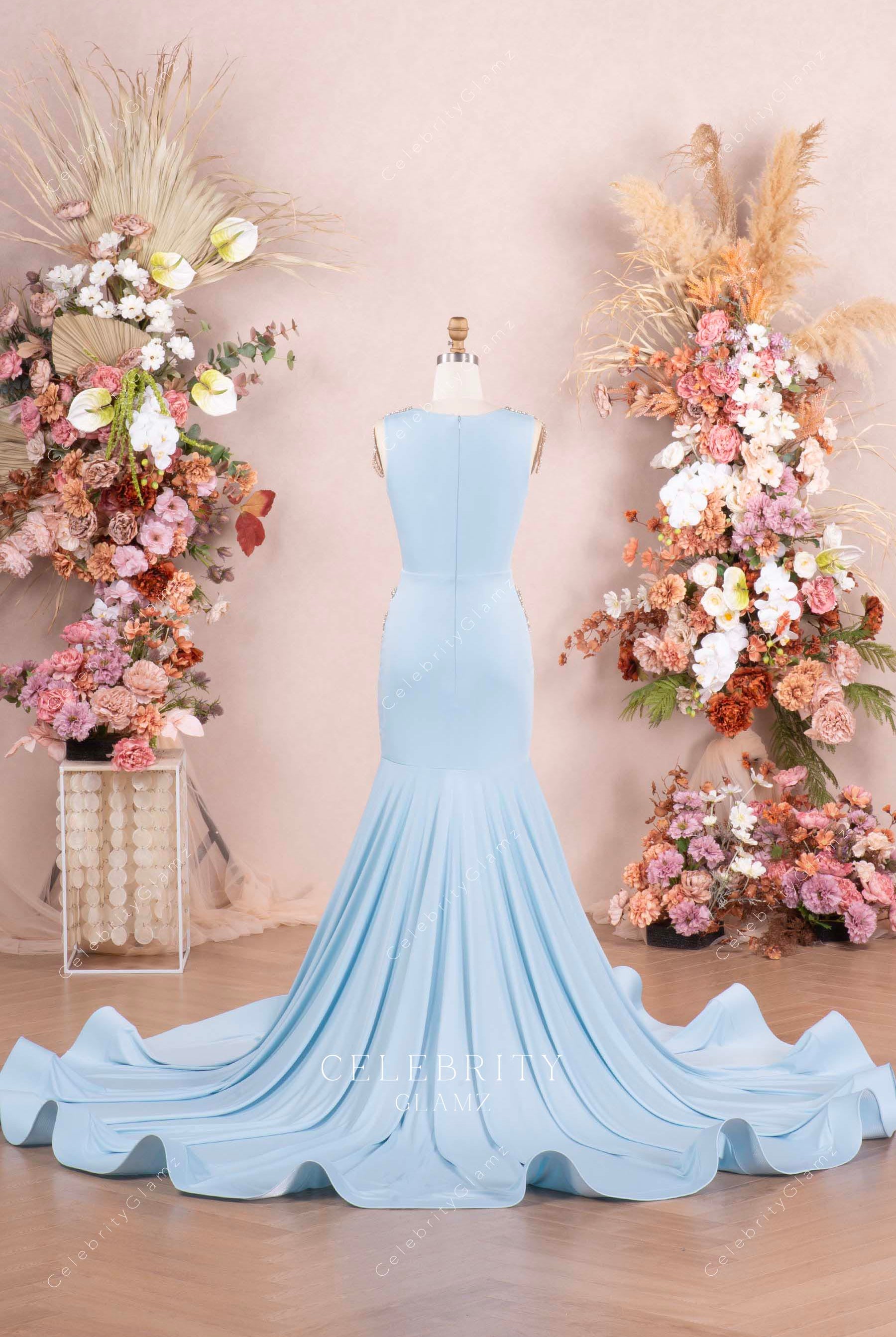 sky blue jersey prom dress