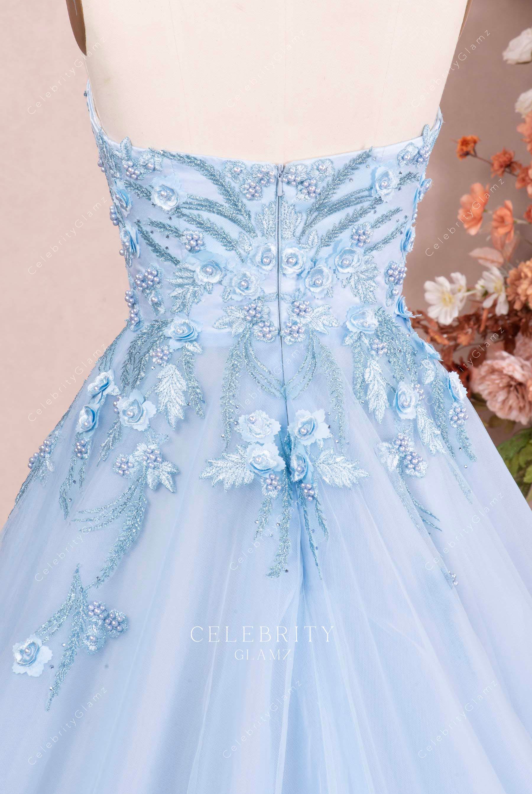 sky blue lace strapless pageant dress