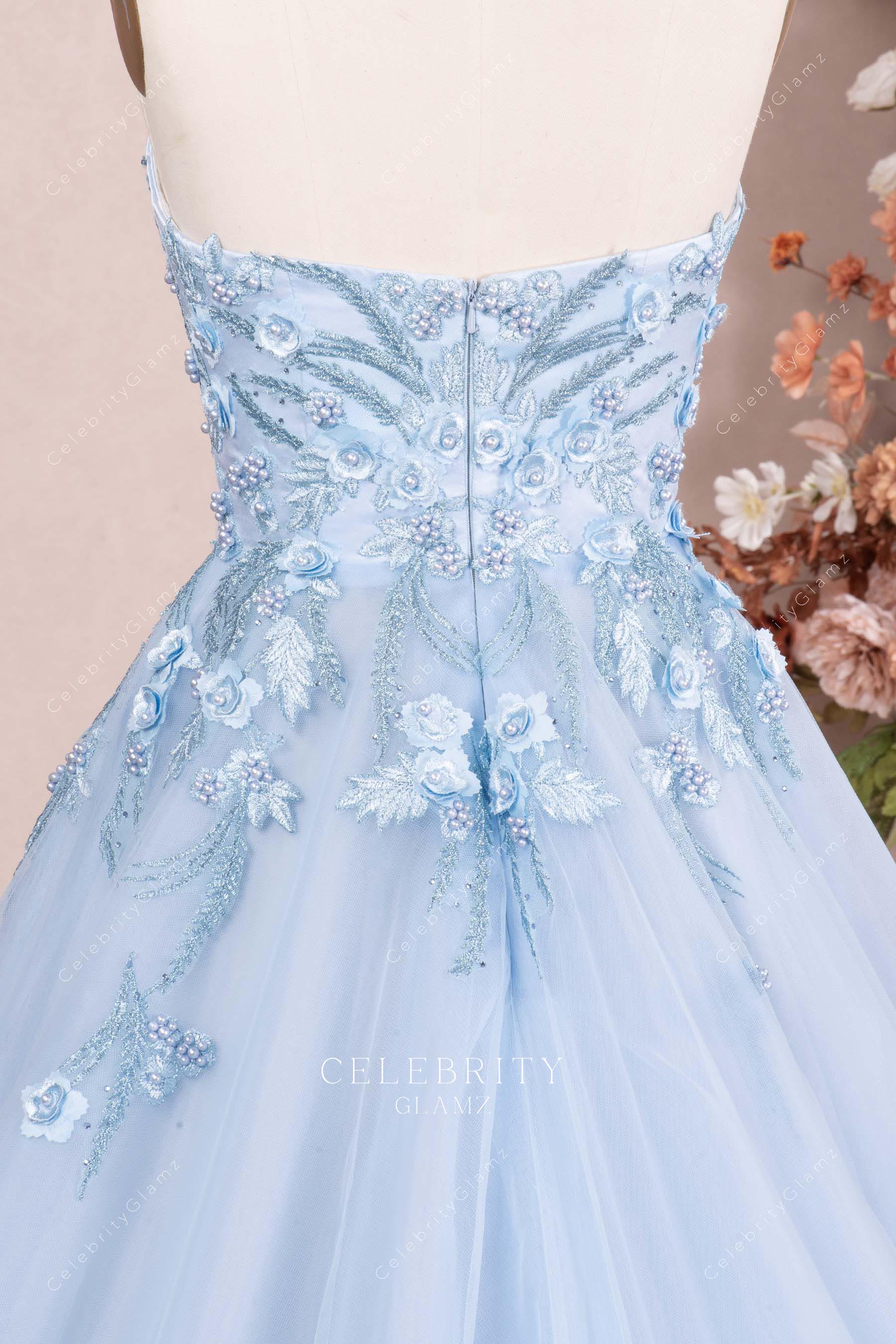 sky blue lace strapless pageant dress