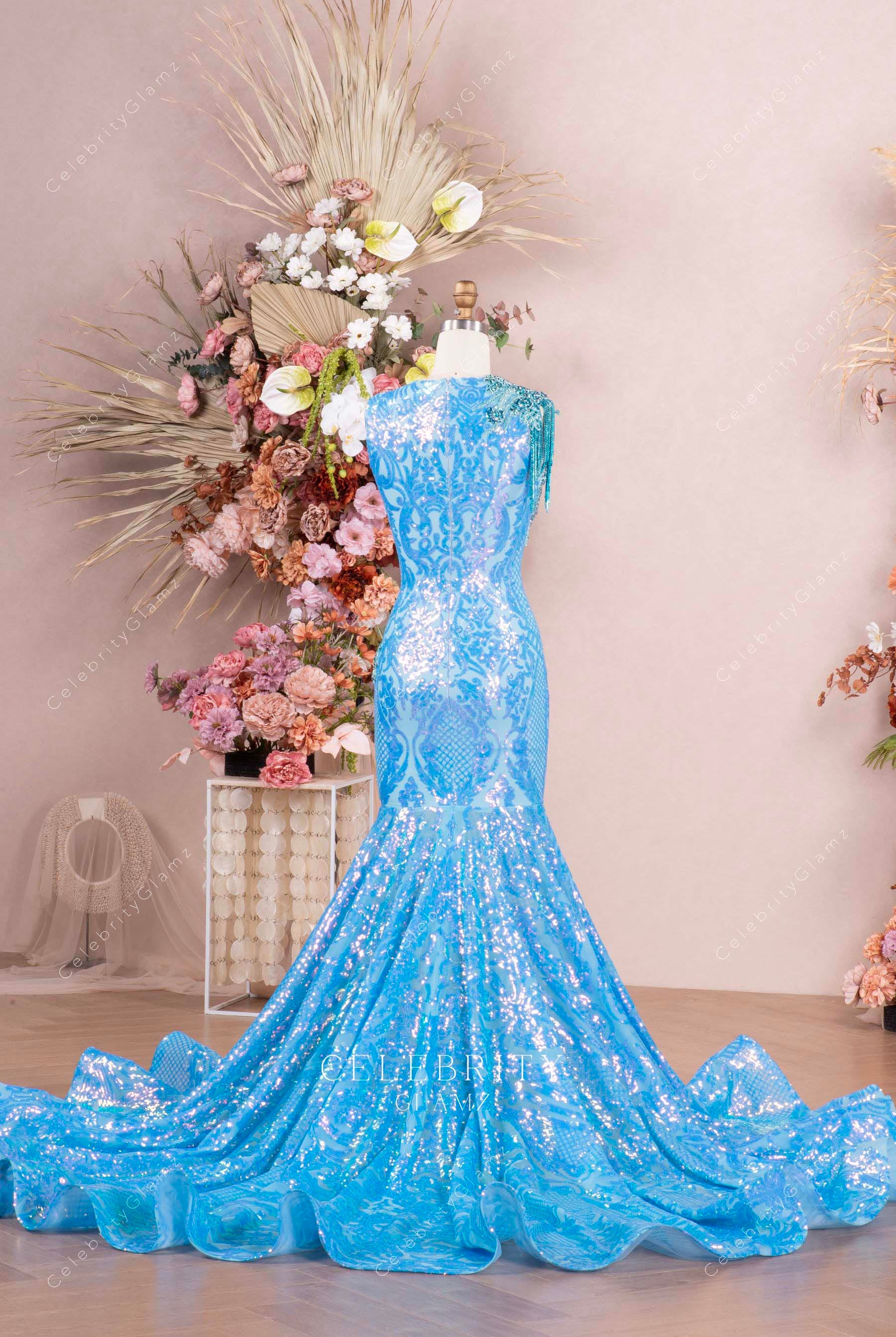 sky blue long train mermaid prom dress