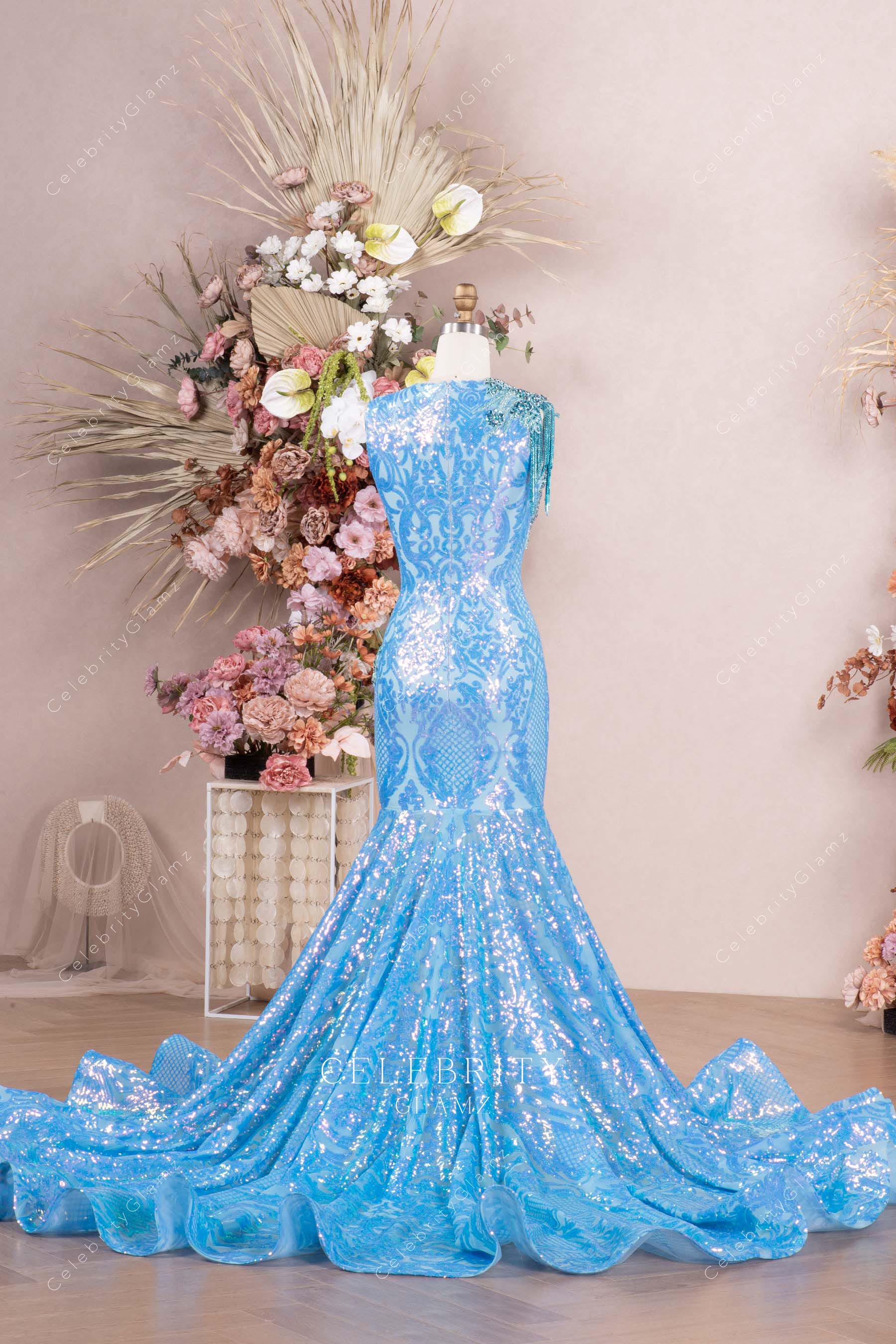sky blue long train mermaid prom dress